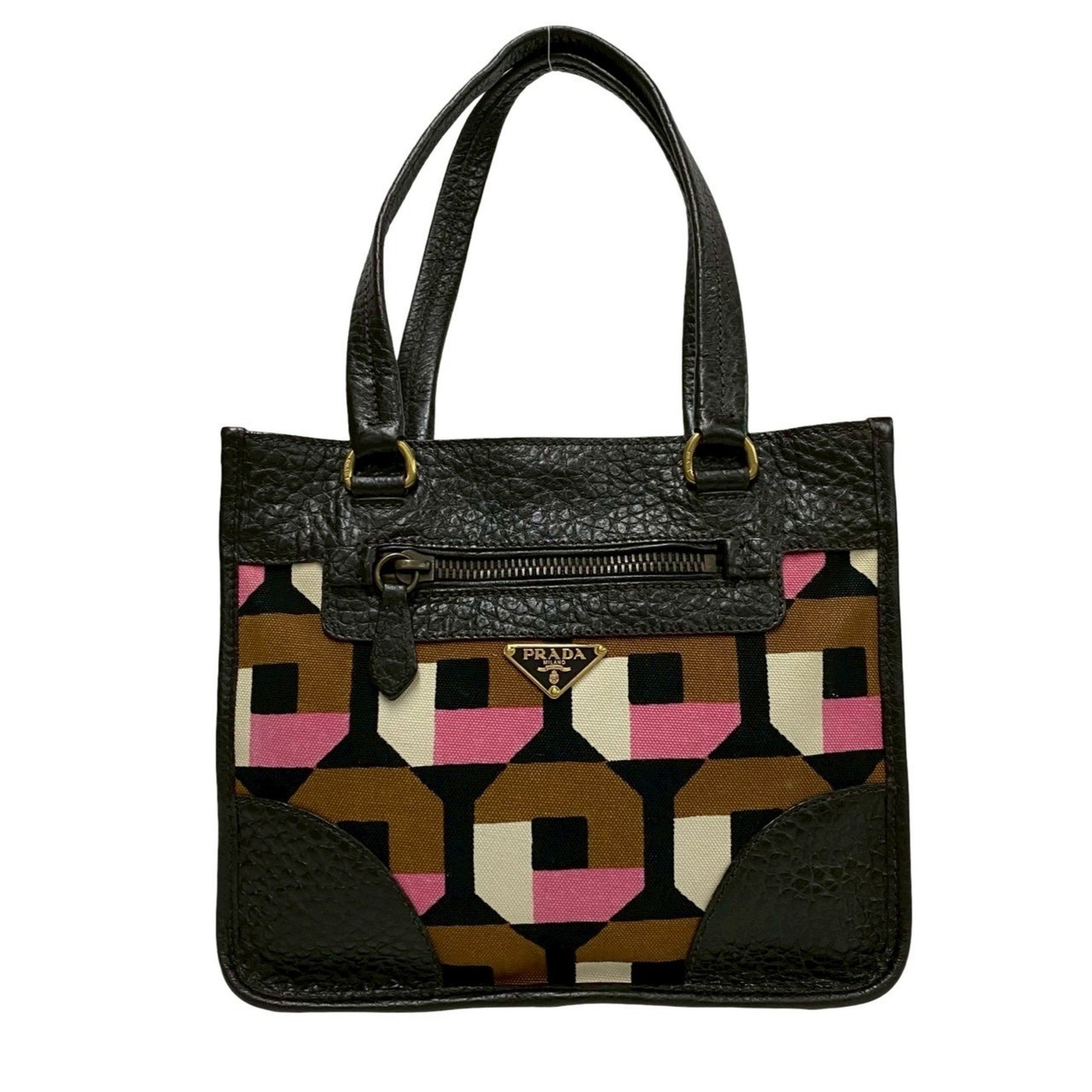 PRADA Triangle Logo Hardware Leather Genuine Canvas Handbag Mini Tote Bag Brown Multicolor