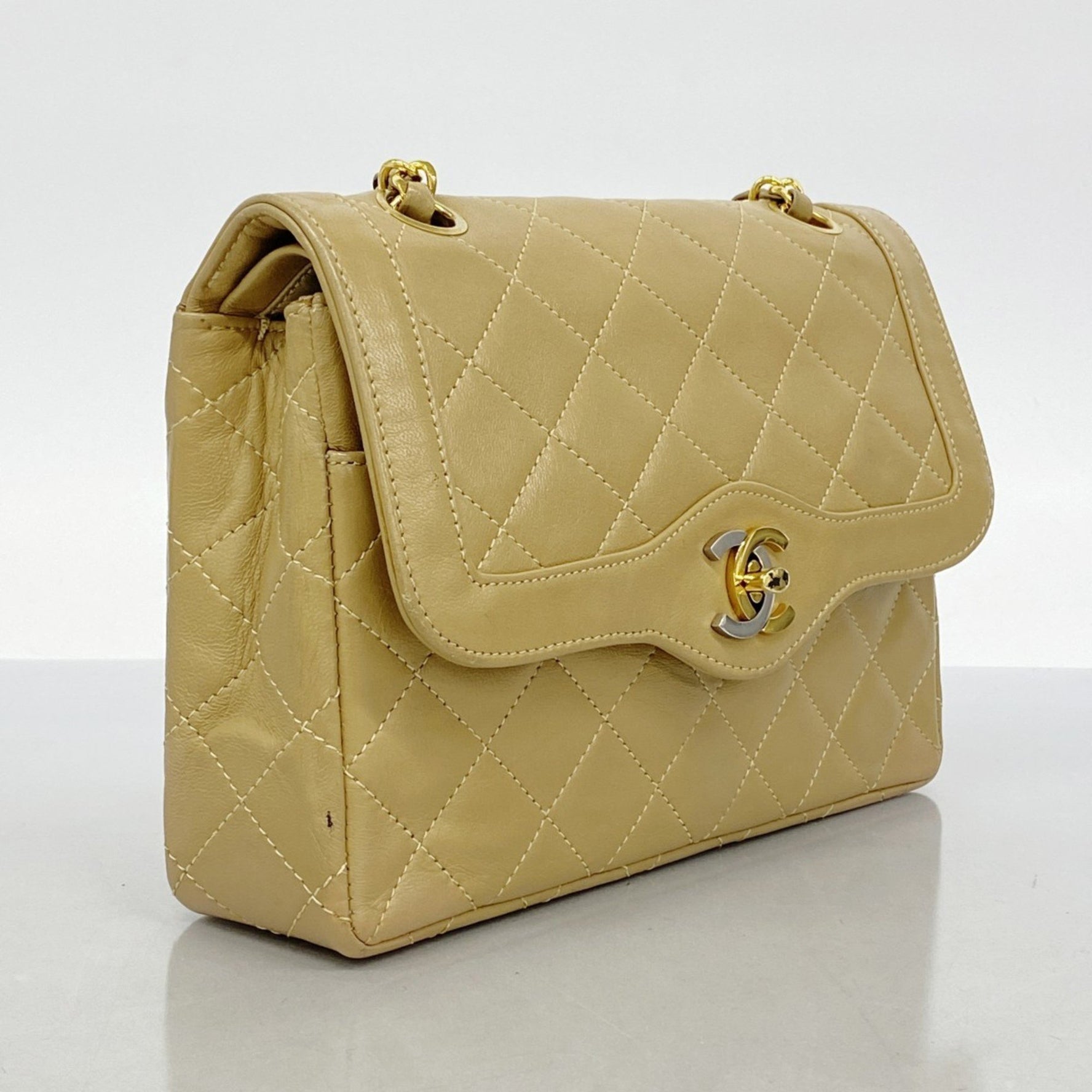 Chanel Matelasse Shoulder Bag with Double Flap and Chain, Lambskin, Beige Gold, Women's