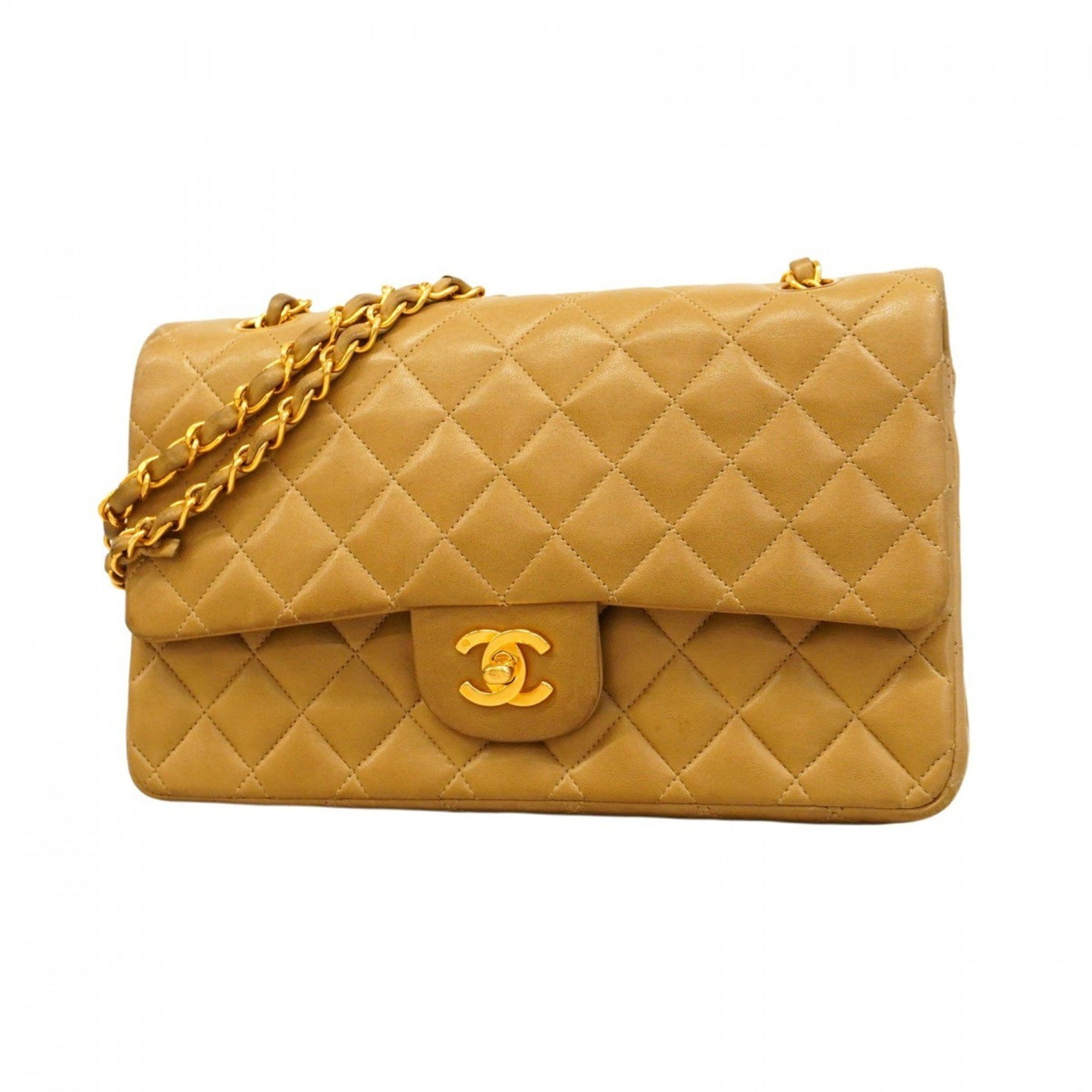 Chanel Matelasse Shoulder Bag with Double Flap and Chain, Lambskin, Beige, Women's