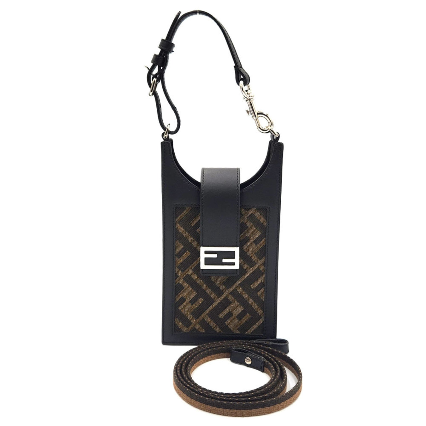FENDI Phone Case Zucca Black Brown Leather Canvas Shoulder Bag Smartphone Pouch