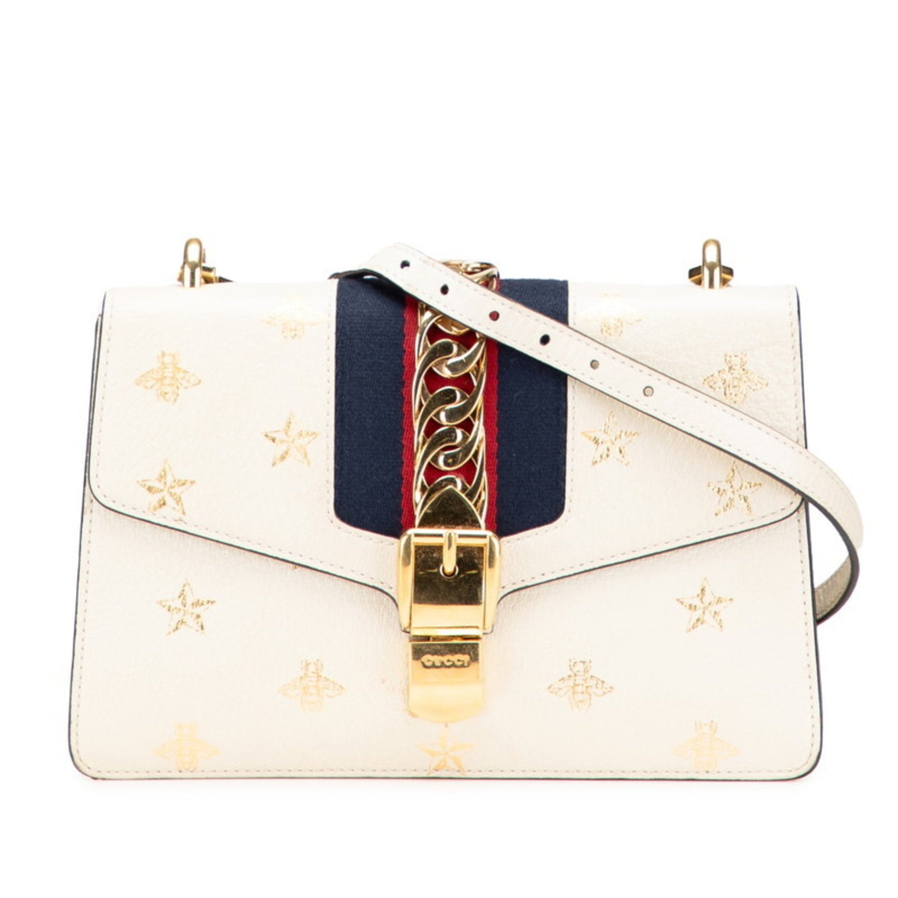 Gucci Sylvie Bee & Star Crossbody Shoulder Bag White Ivory Gold Leather