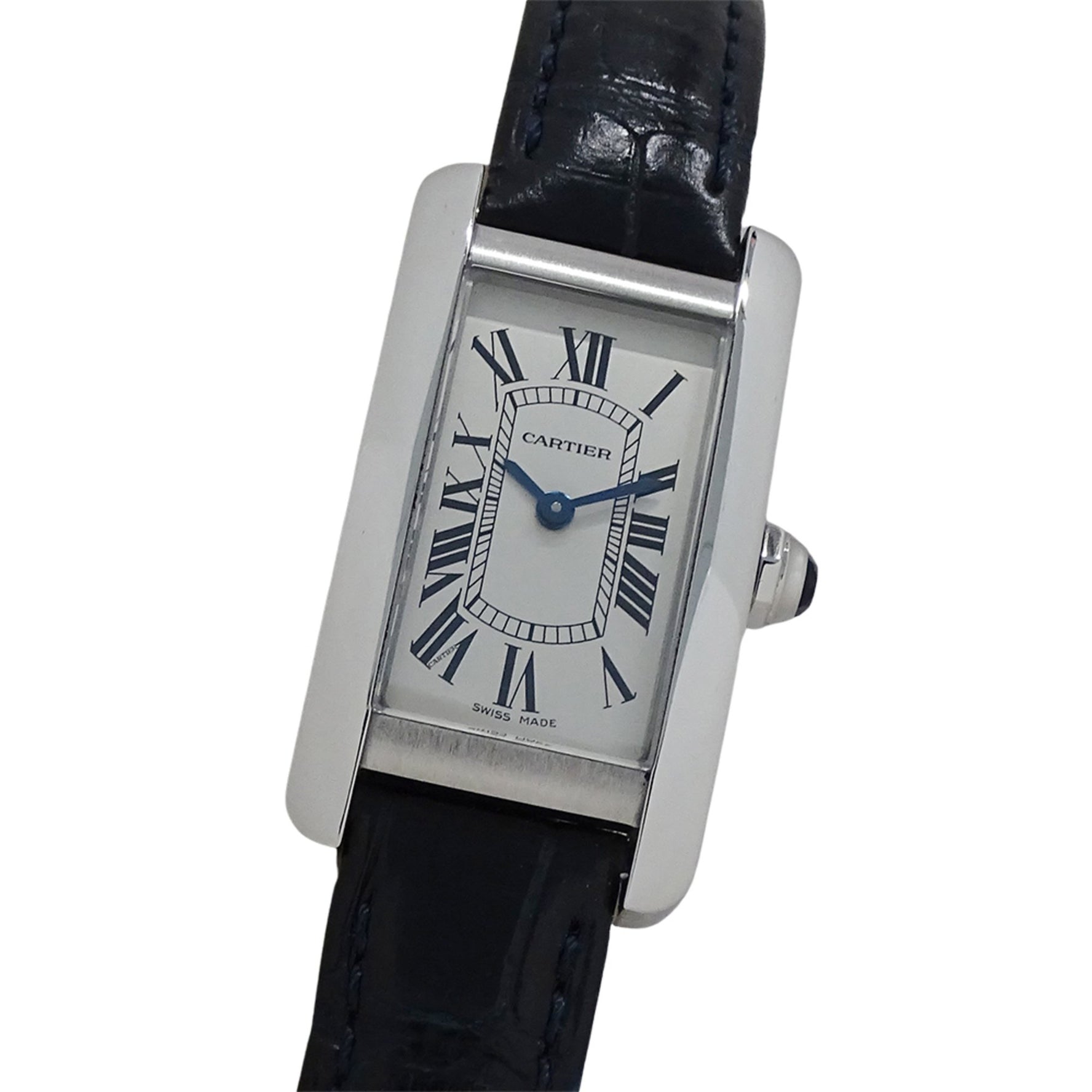 Cartier Tank Américaine SM Quartz Watch Stainless Steel, Leather, Silver, Black, Square, Polished