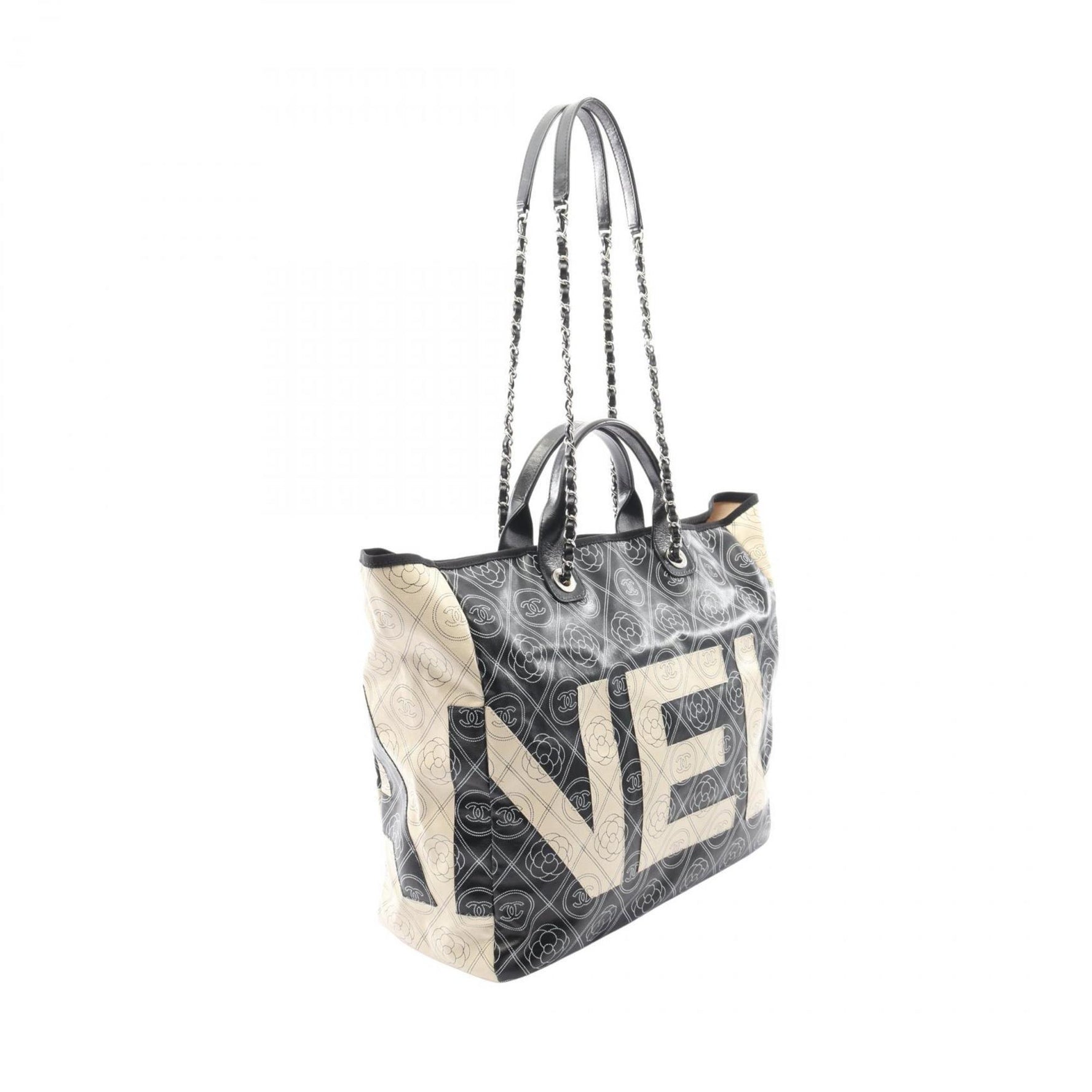 CHANEL Coco Mark Camellia Tote Bag, Coated Canvas and Leather, Black Beige