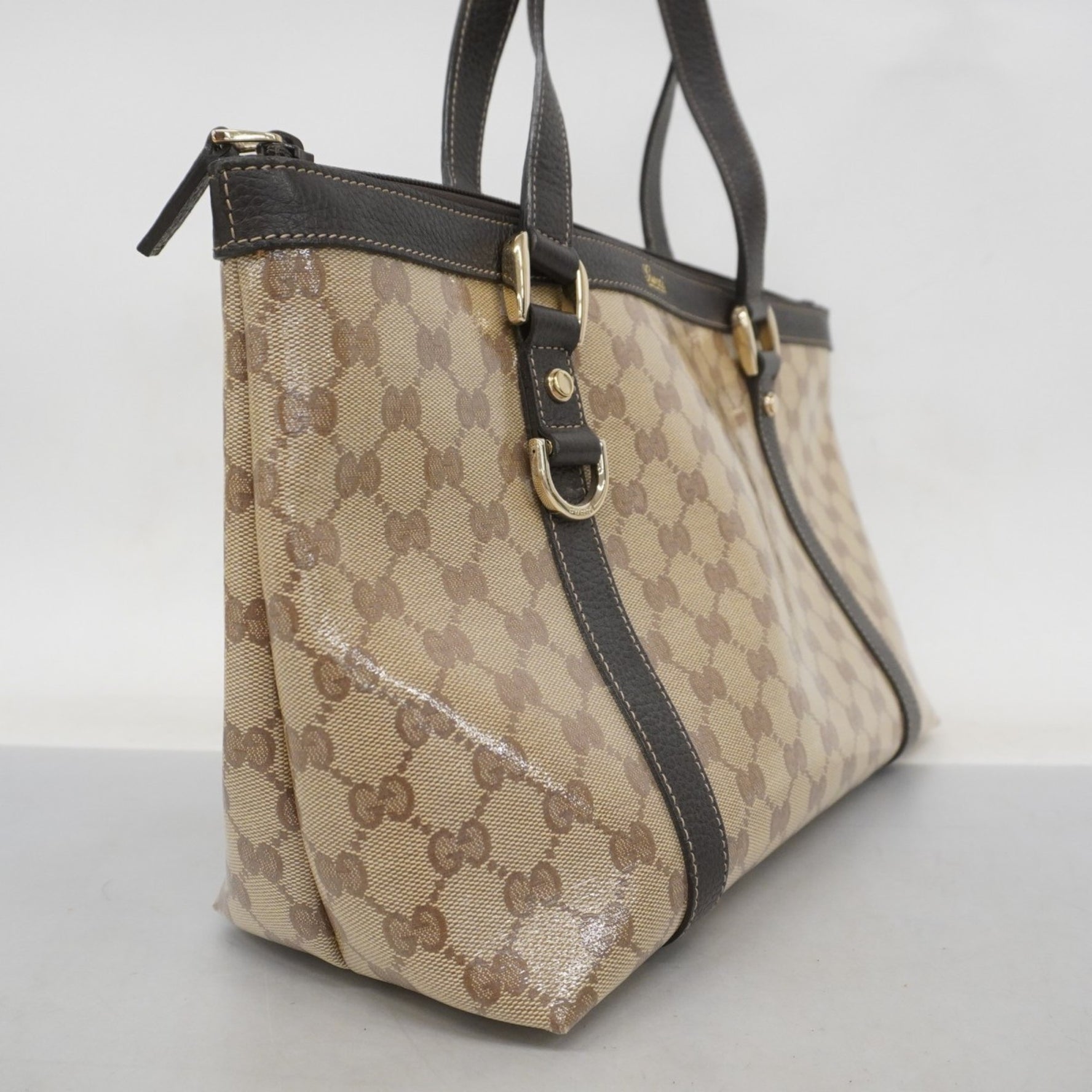 Gucci Tote Bag GG Crystal Abbey Coated Canvas Beige Brown Champagne