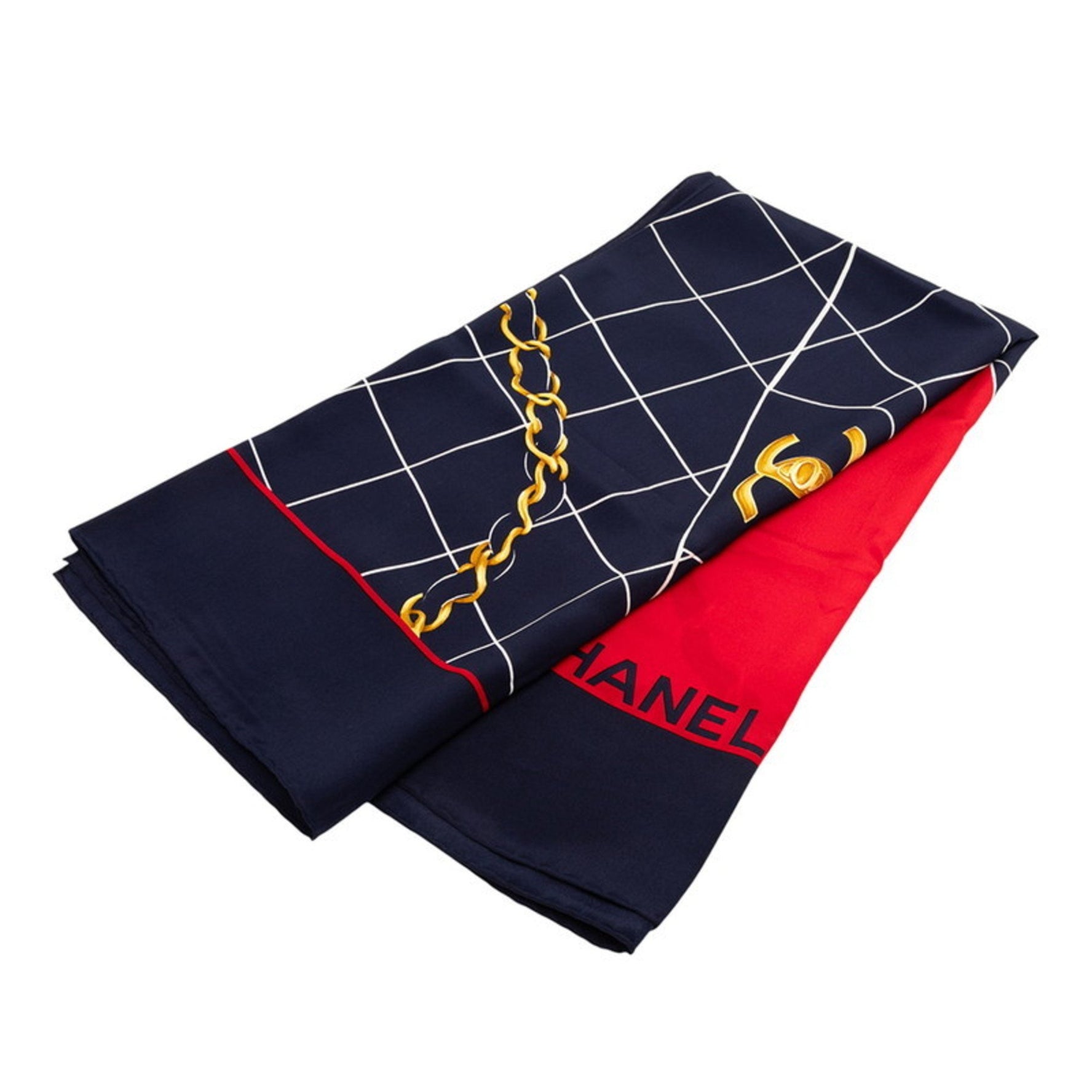 CHANEL logo matelasse bag motif scarf, red, navy, multicolor, silk