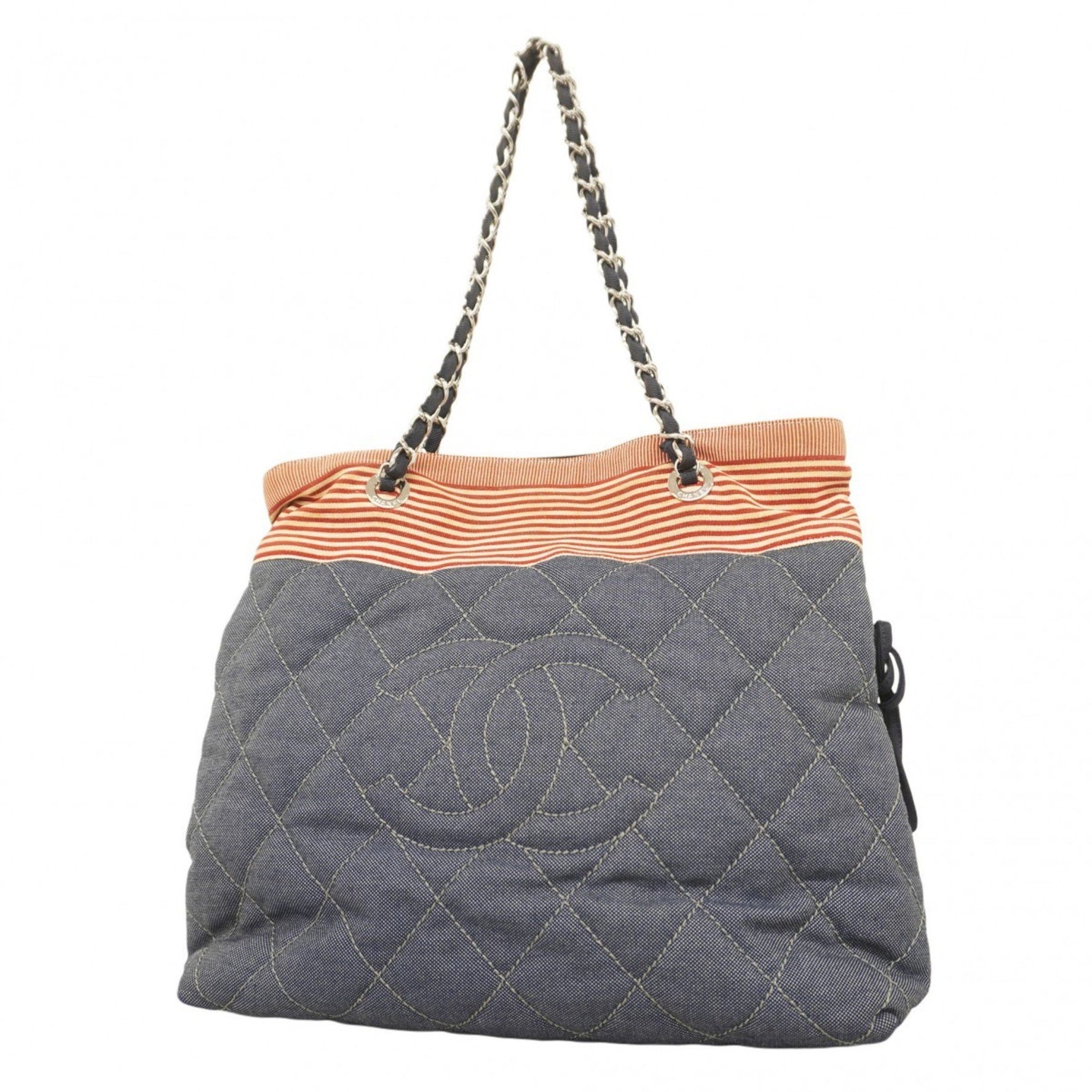 Chanel tote bag chain denim navy red