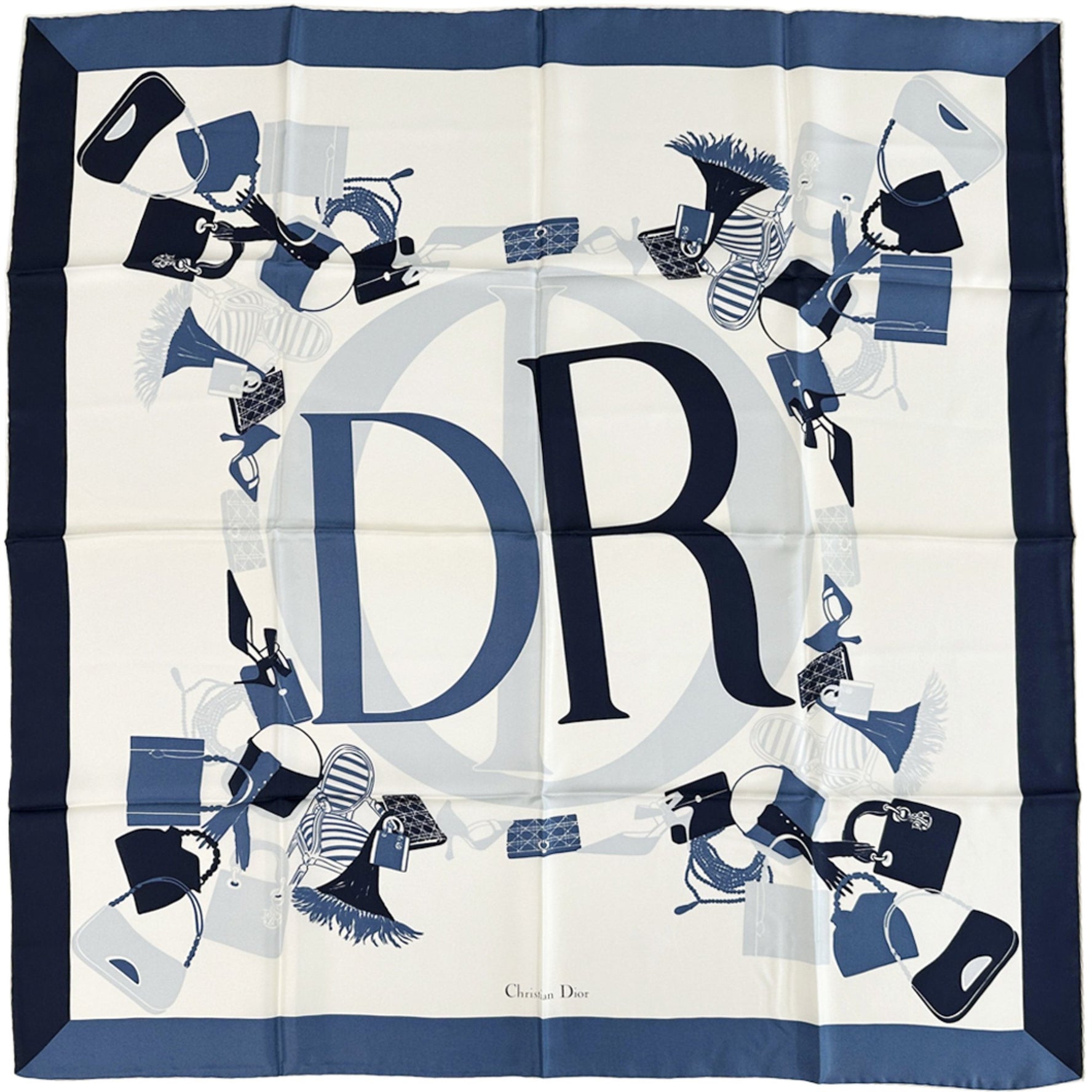 Christian Dior Dior Scarf, Silk, Blue and Ivory, Logo, Bag Pattern