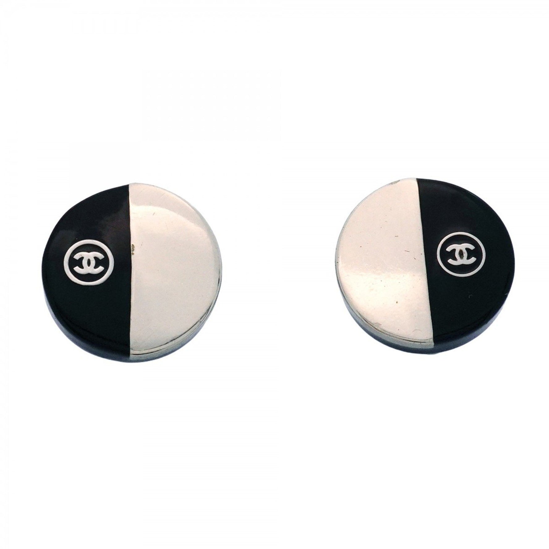 Chanel Coco Mark Two-Tone Circle Metal Earrings in Silver and Black