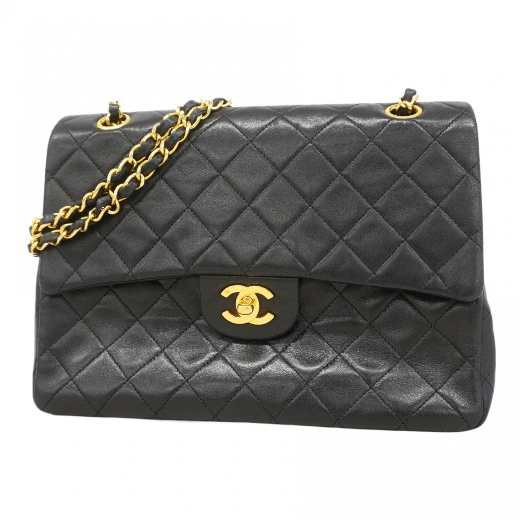 Chanel Matelasse Shoulder Bag with Double Flap and Chain, Lambskin, Black, Women's