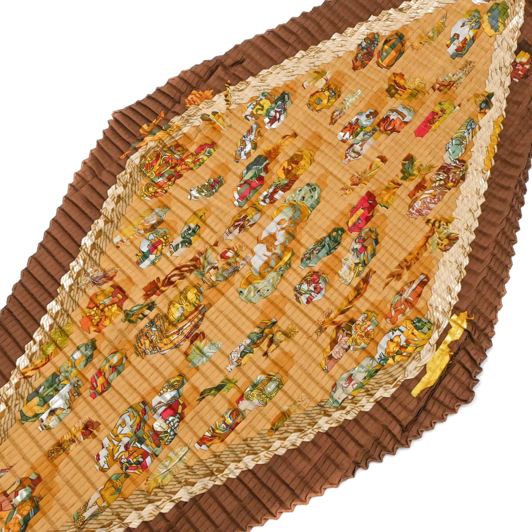 HERMES Scarf/Muffler Pleated Carré COUVEE D'HERMES Chicks 100% Silk Orange Brown Multicolor