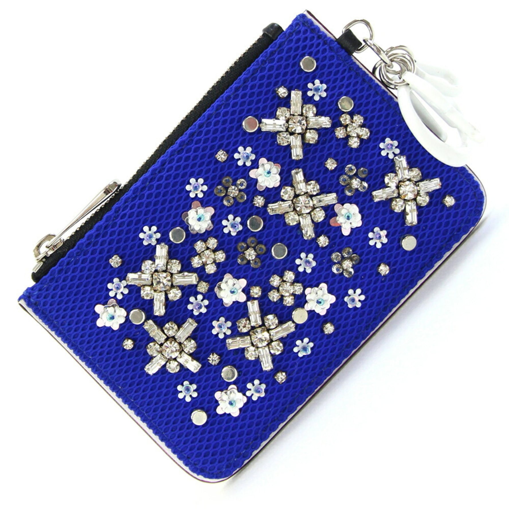 Christian Dior Dior Coin Case Blue White Leather Mini Pouch Purse Beads DIOR
