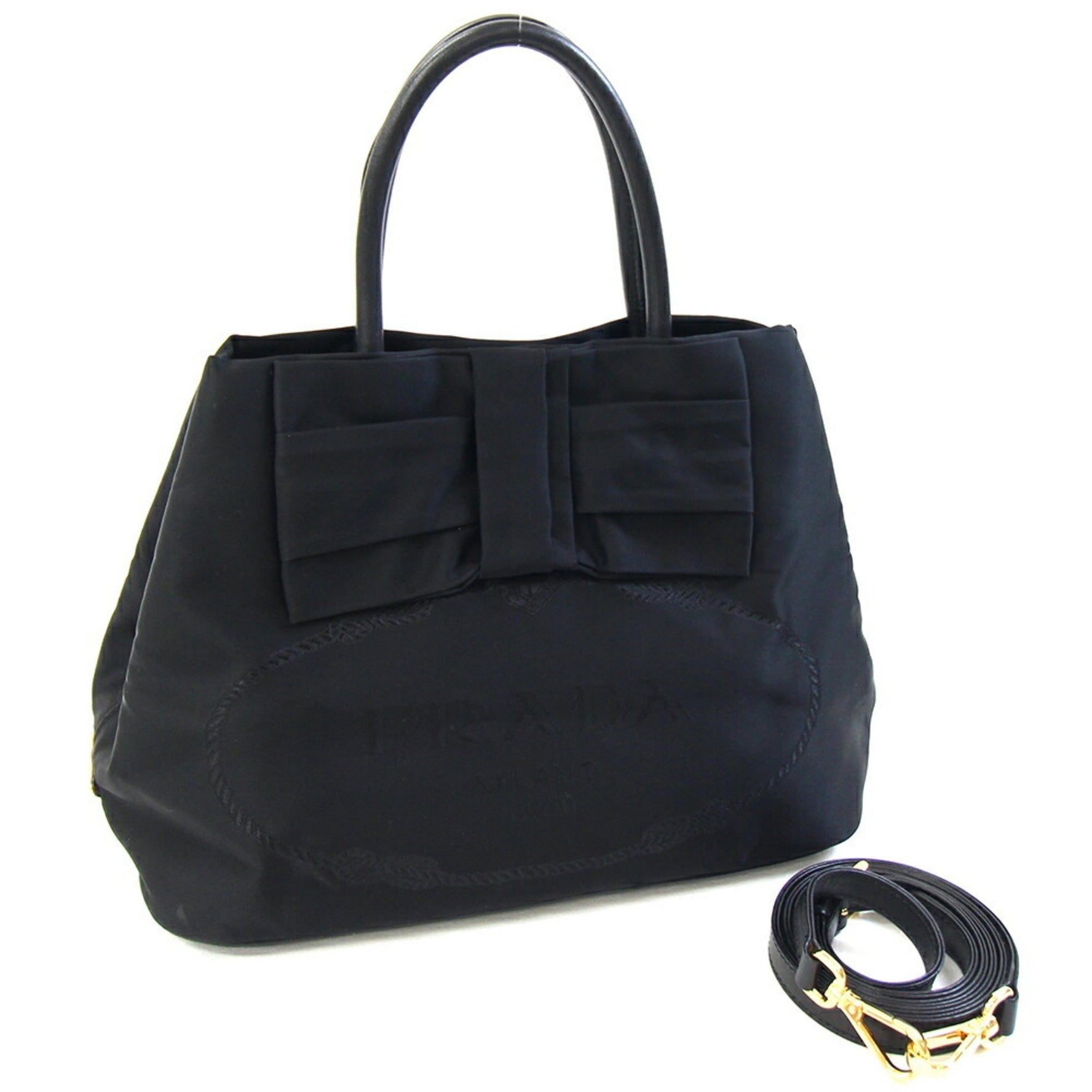 Prada Handbag Black Nylon and Leather Shoulder Bag with Ribbon