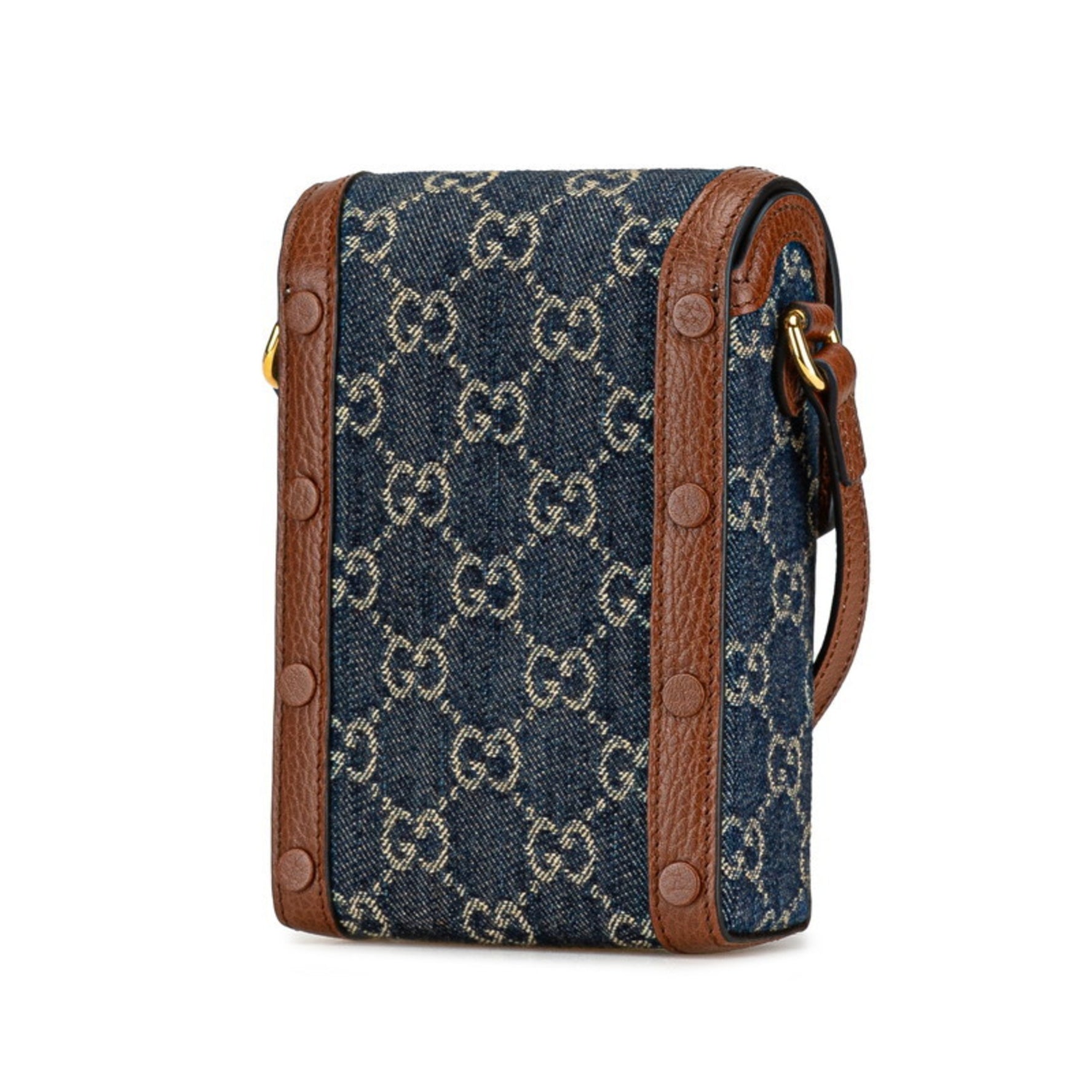 Gucci GG Denim Horsebit 1955 Shoulder Bag Indigo Blue Brown Canvas Leather Women's GUCCI