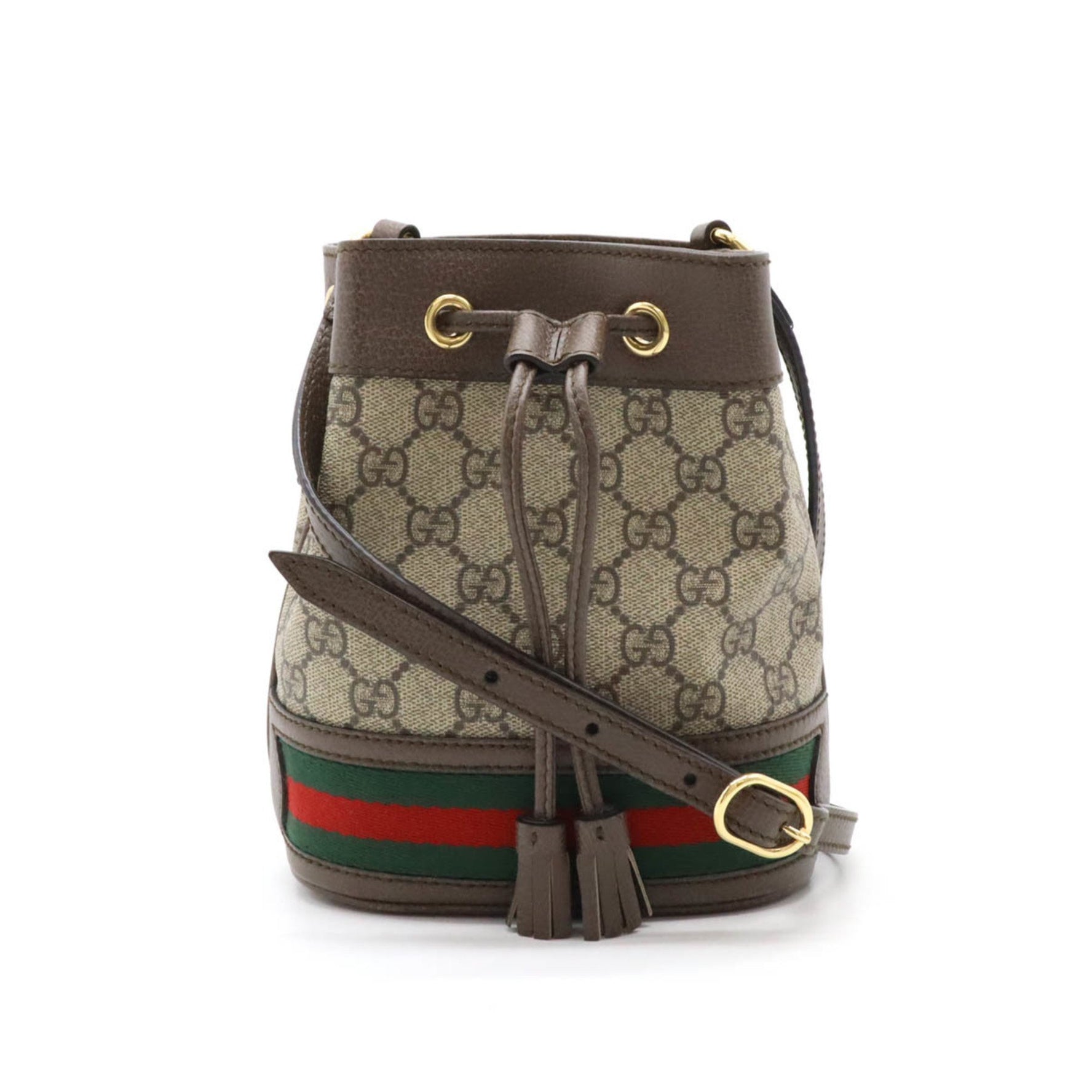 GUCCI Ophidia GG Supreme Mini Bucket Bag Web Line Shoulder PVC Leather Beige Mocha Brown