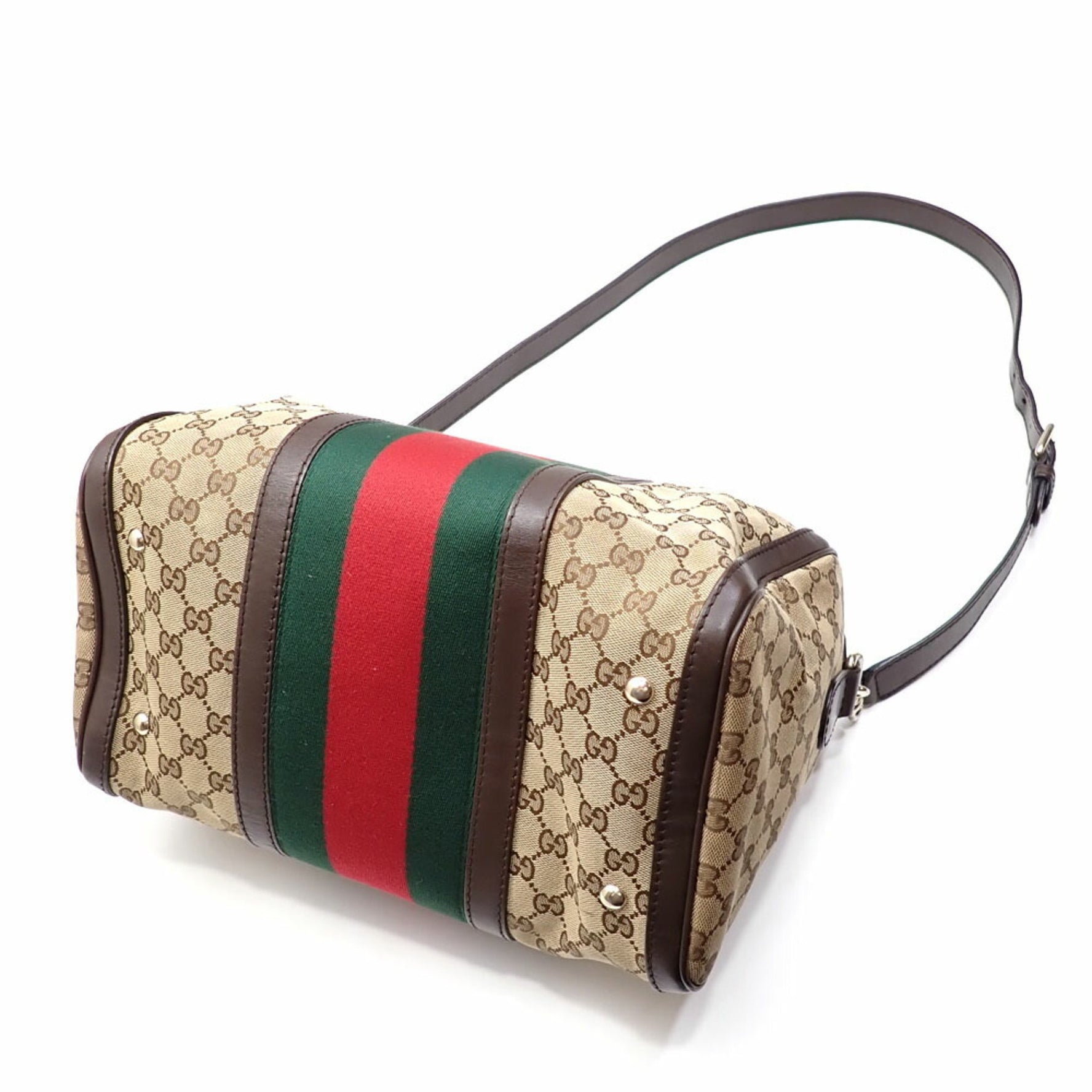 Gucci handbag, beige/brown GG canvas and leather, shoulder bag women, mini Boston bag, Sherry line