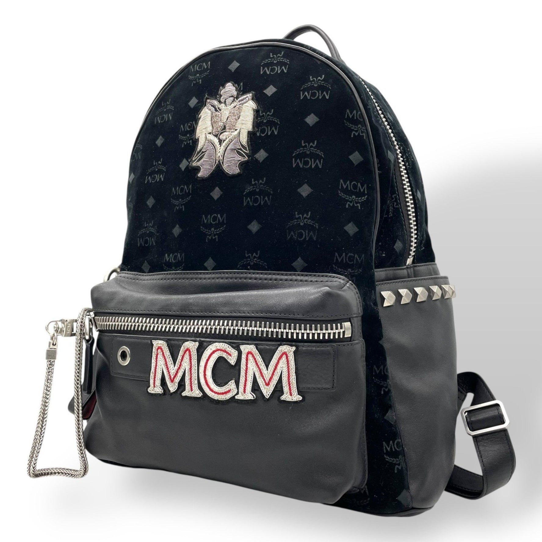 MCM Monogram Visetos Backpack with Embroidered Emblem and Studs, Leather Velvet, Size A