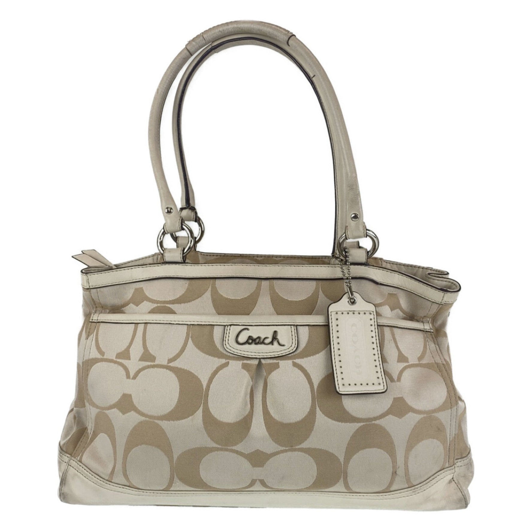 COACH Signature Beige White Canvas Leather Tote Bag Shoulder
