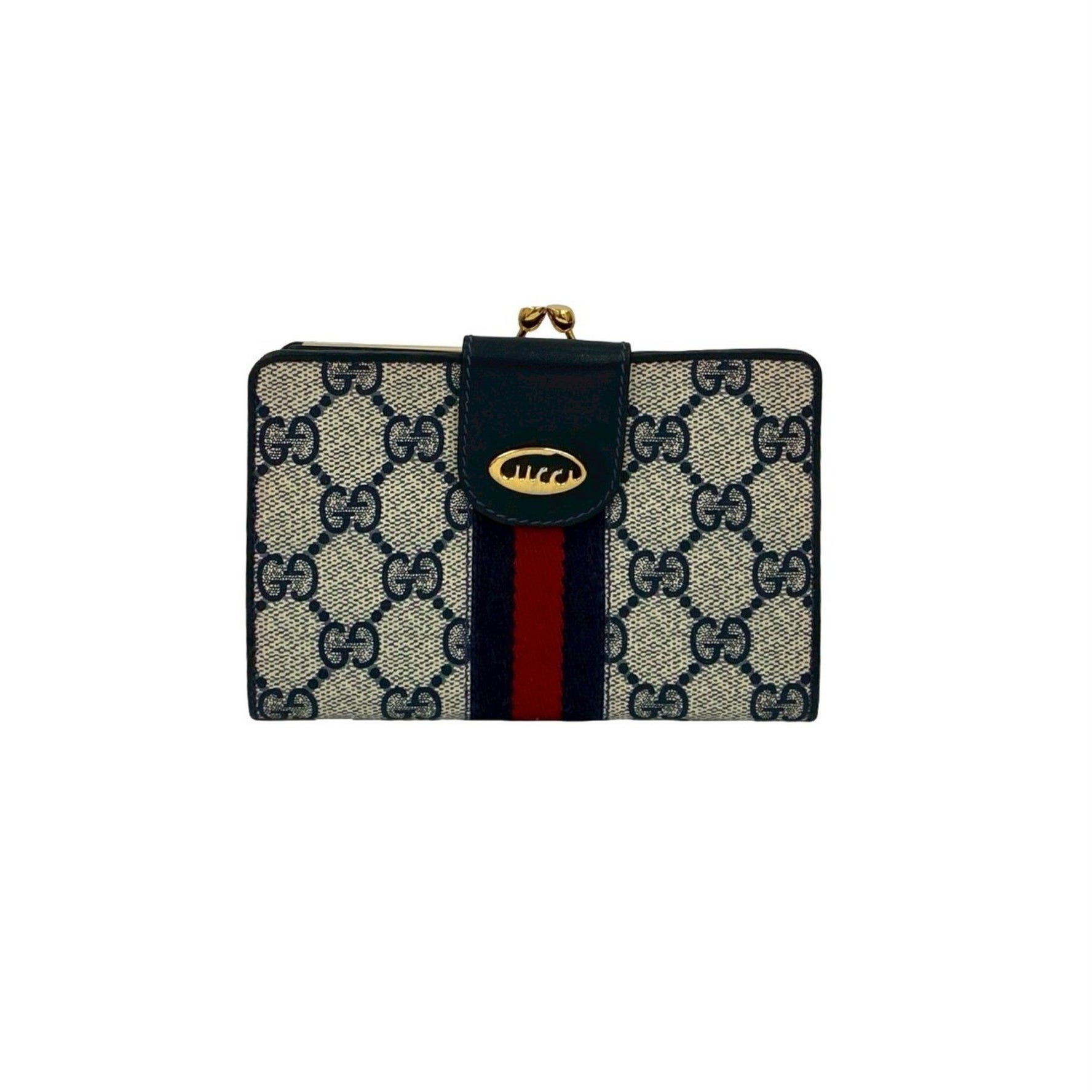 GUCCI Old Gucci Sherry Line Logo Hardware Leather Clasp Bifold Wallet Navy