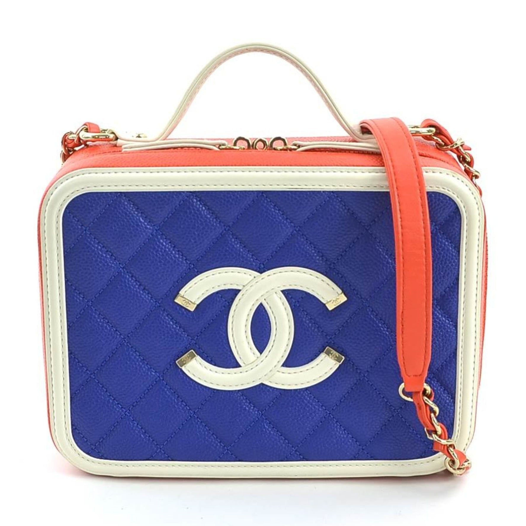 CHANEL Shoulder Bag CC Figley Leather Red x Blue White