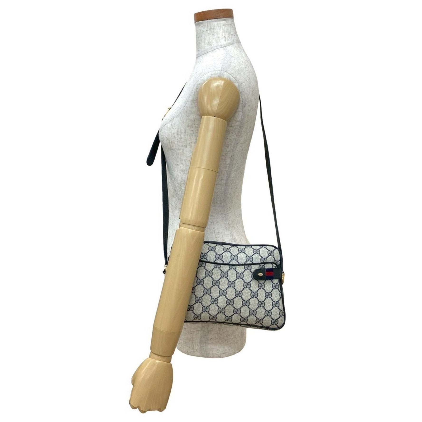 GUCCI Old Sherry Line GG Logo Hardware Leather Shoulder Bag Navy