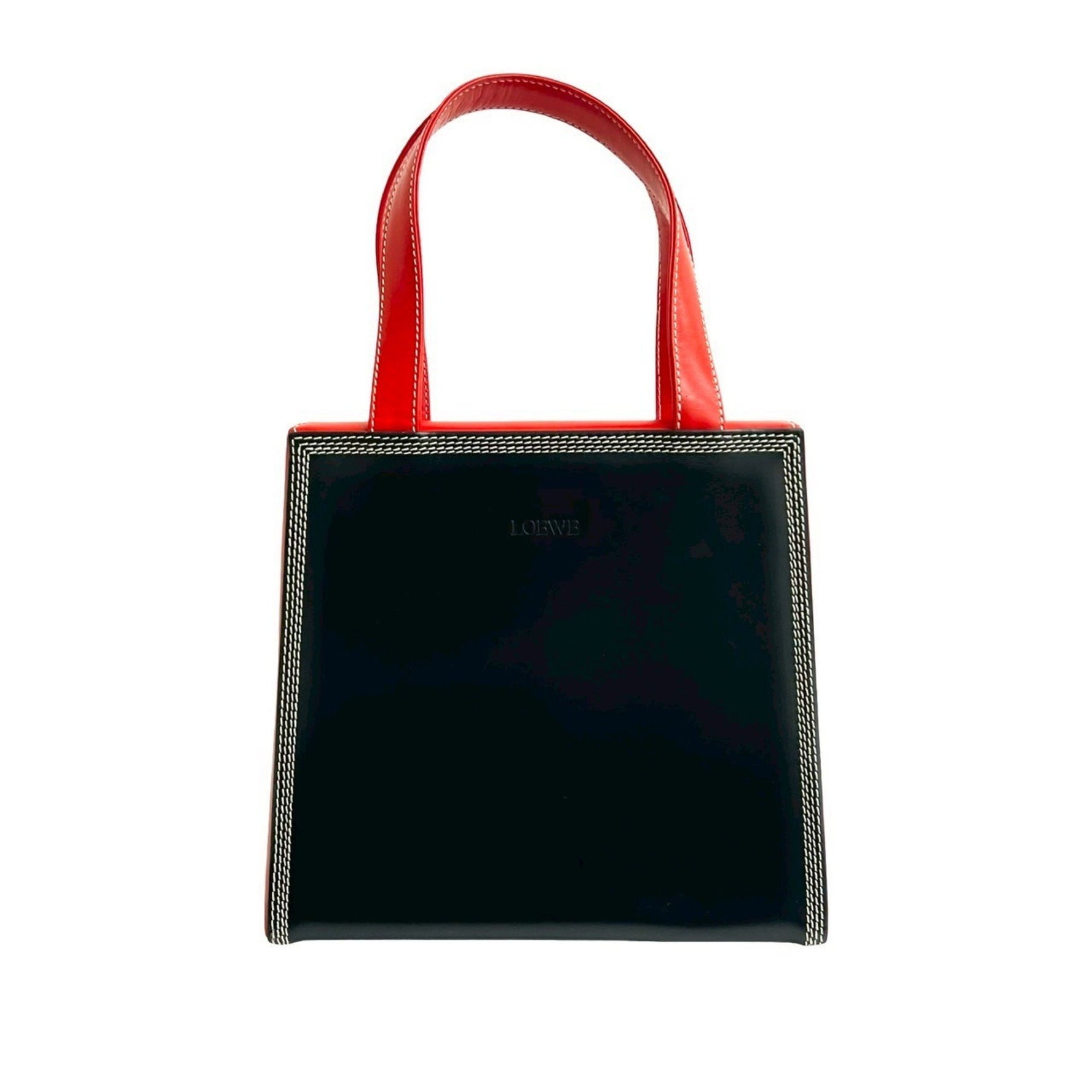 Nearly unused LOEWE vintage logo-embossed calf leather handbag/mini tote bag in navy and red