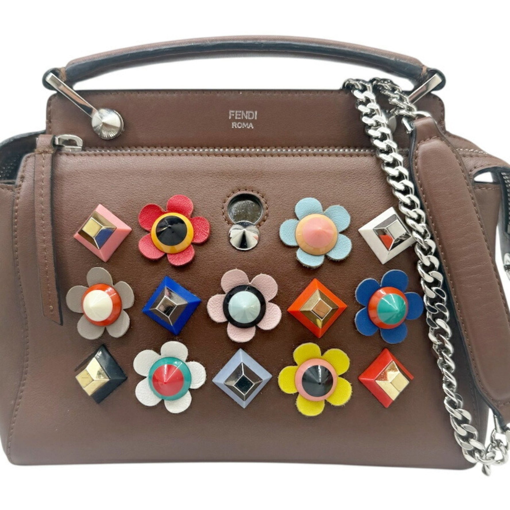 FENDI.com Flower Stud Leather Brown Handbag/Shoulder Bag Multicolor
