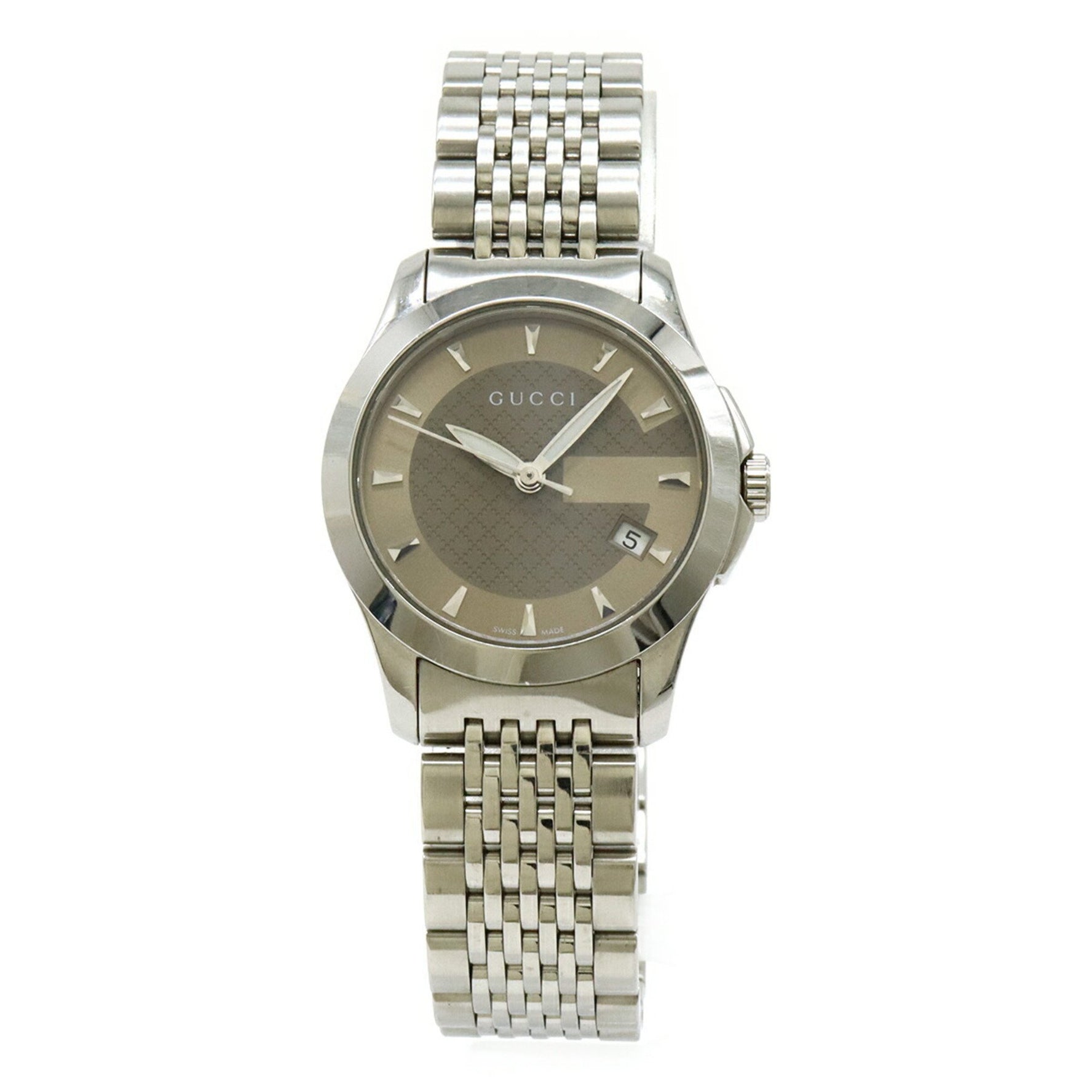 GUCCI G Timeless Collection GG Date Stainless Steel Quartz Watch with Brown Dial, Size 126.5