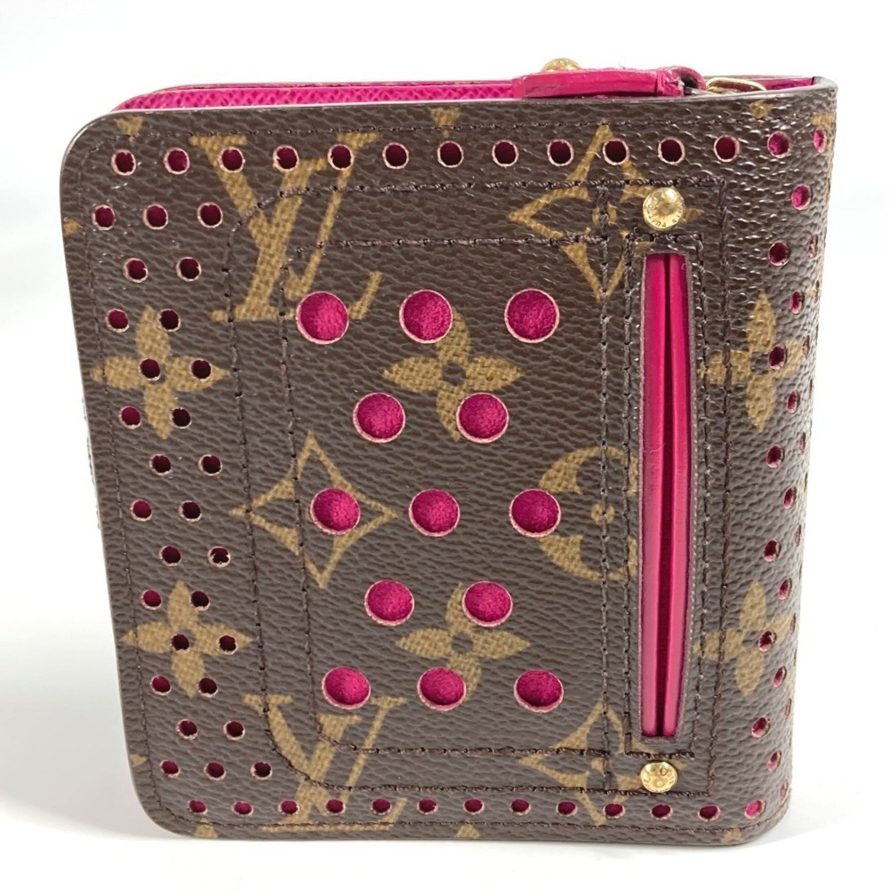 LOUIS VUITTON Monogram Perforated Compact Zip Wallet, Bi-fold Canvas, Fuchsia Pink