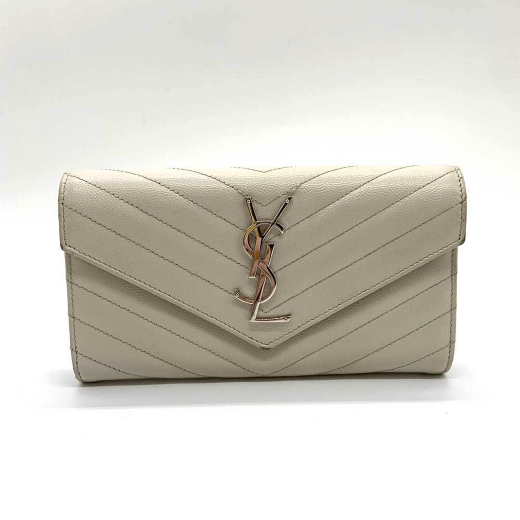 Saint Laurent Wallet Cassandra Long Ivory White Flap Bifold Monogram V Stitch YSL Ladies Men's Leather SAINTLAURENT