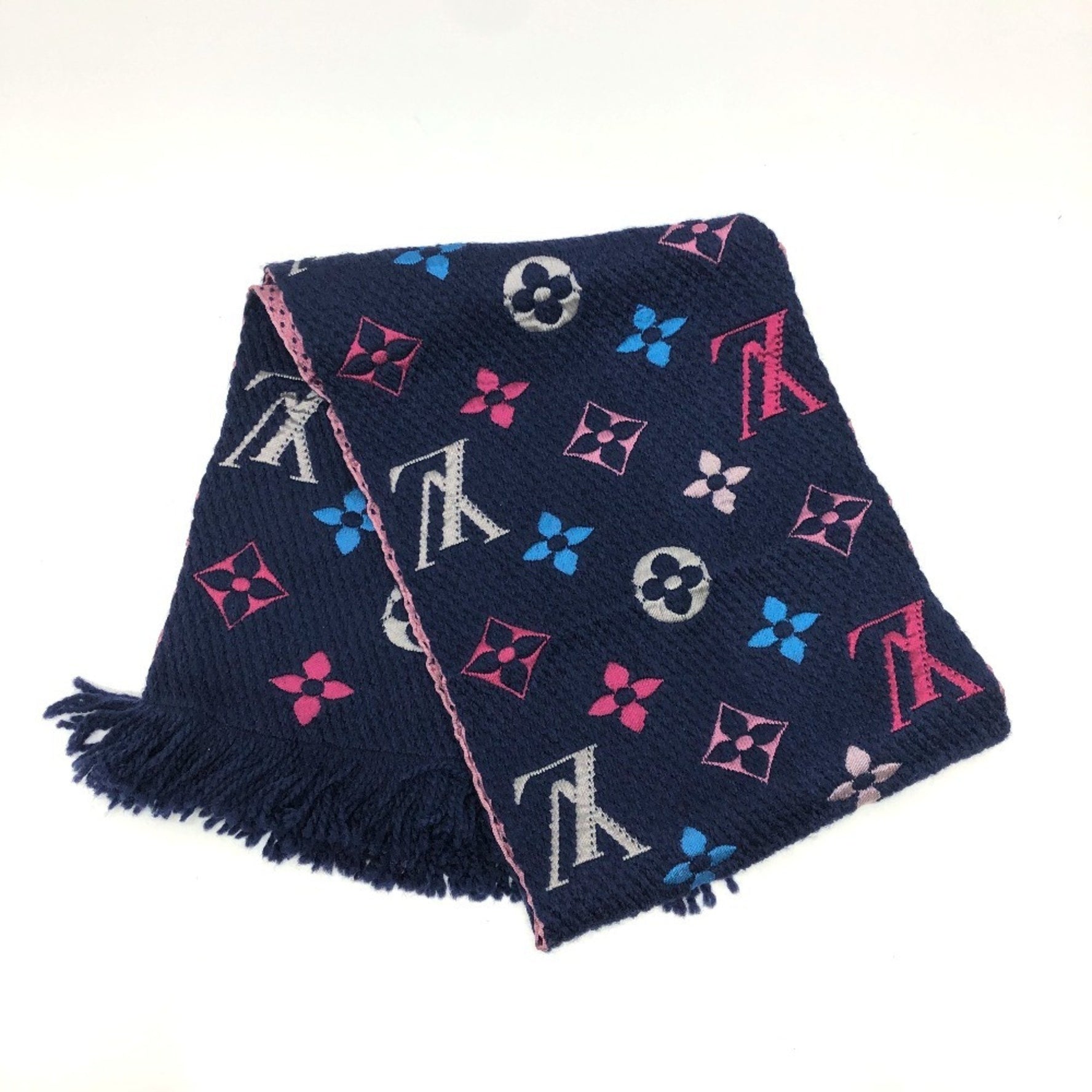 LOUIS VUITTON M70899 Monogram Echarpe Logomania Rainbow Scarf, Wool/Silk, Women's, Navy x Pink