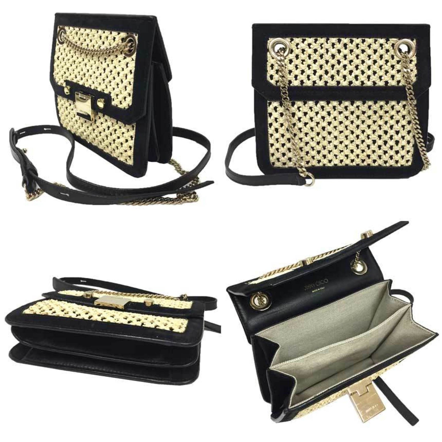 JIMMY CHOO Shoulder Bag in Leather and Straw, Black Beige