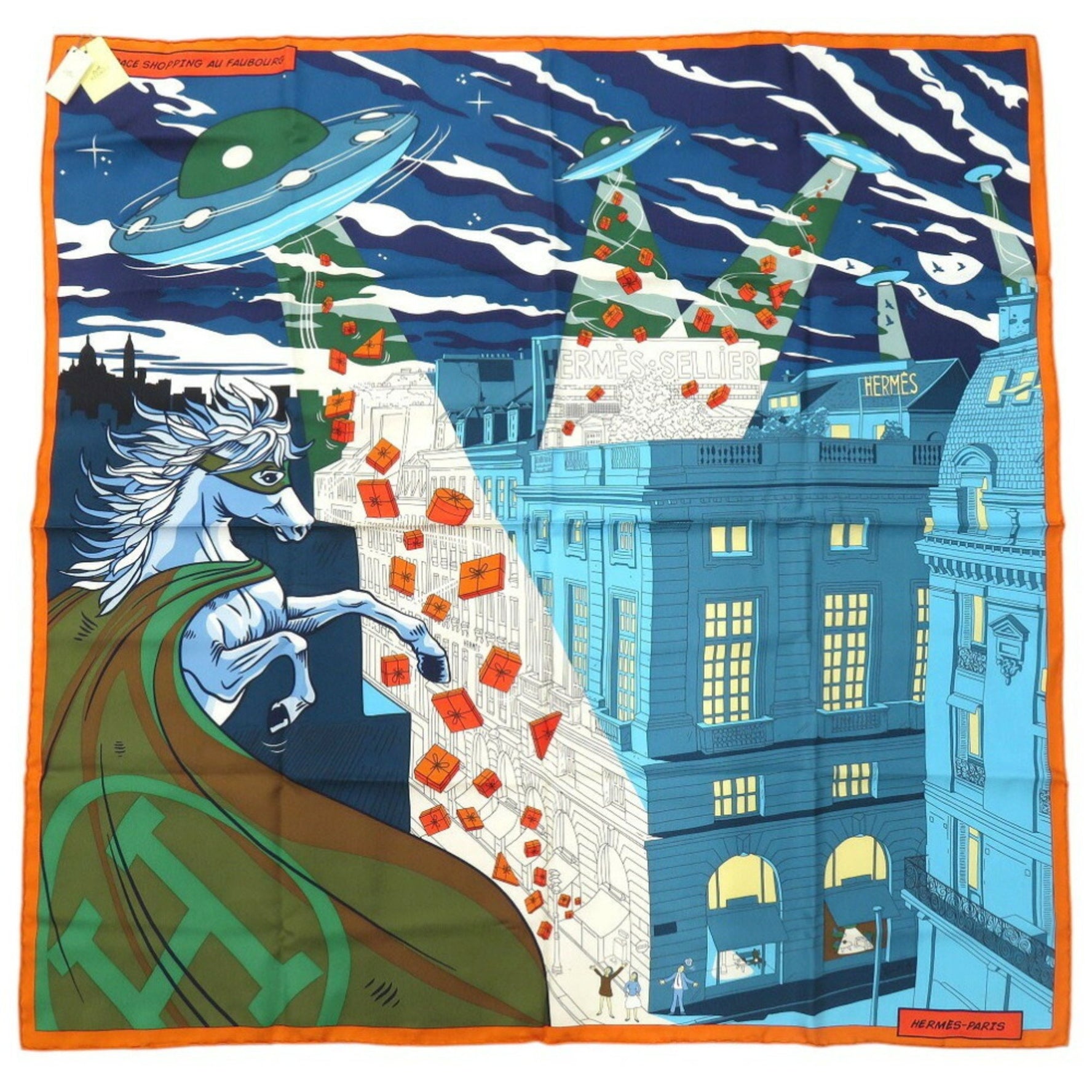 Hermes Carre 90 Space Shopping Au Faubourg Scarf Muffler Silk Multicolor