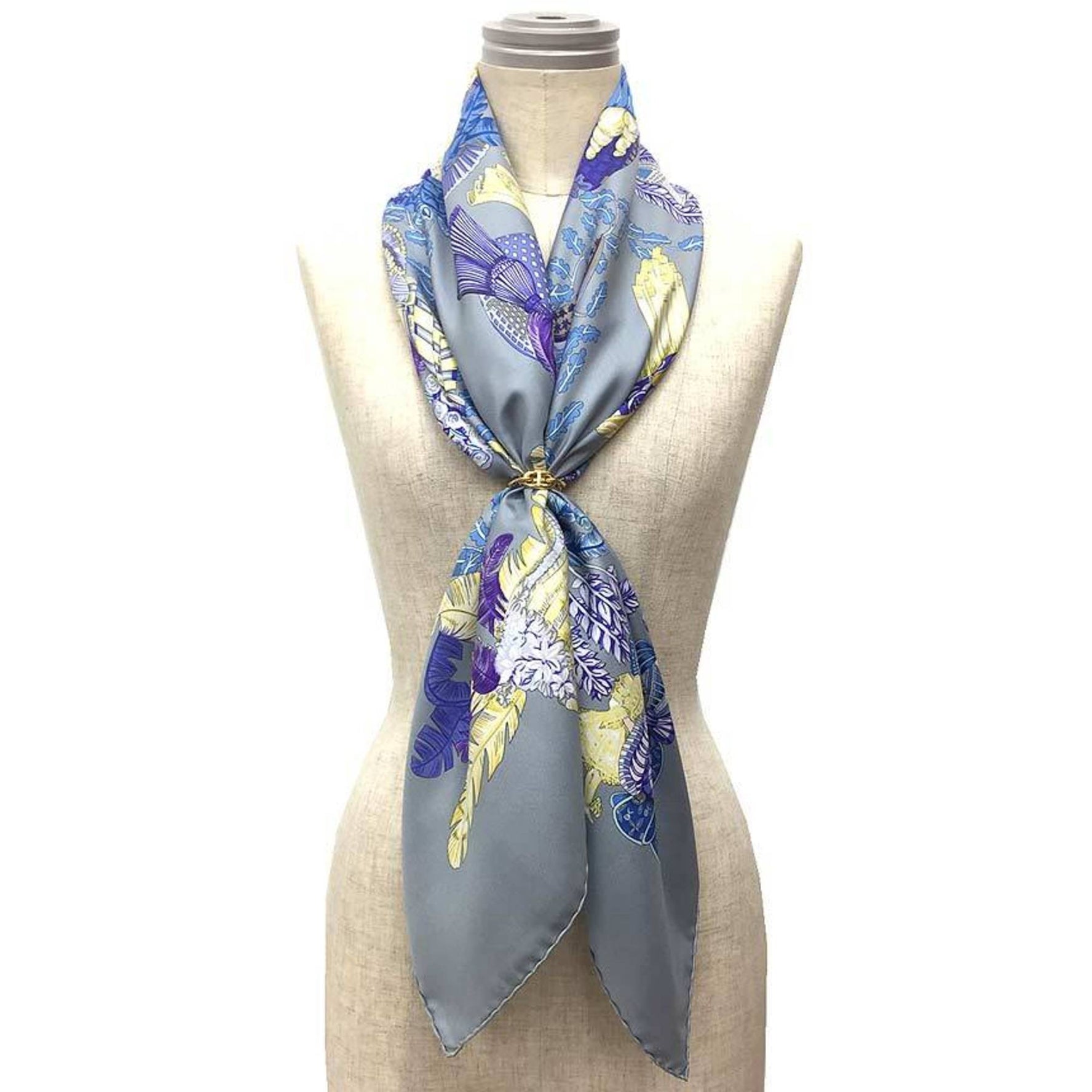 HERMES Scarf/Muffler Carré 90 CHAPEAU (Hat-off) 100% Silk Blue-Gray