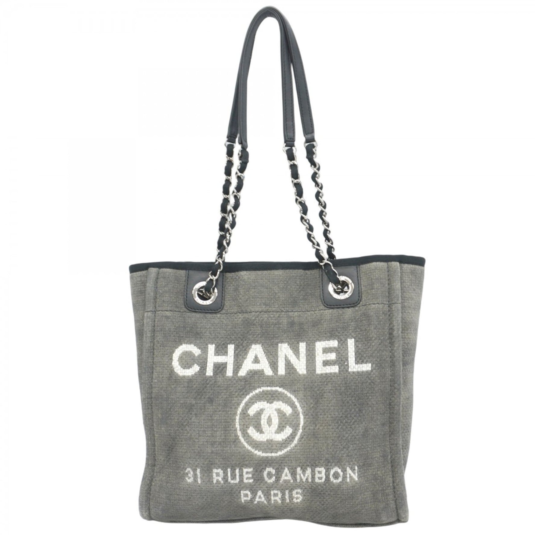 Chanel Deauville Tote Bag with Chain Shoulder Strap, Canvas, Gray, Black