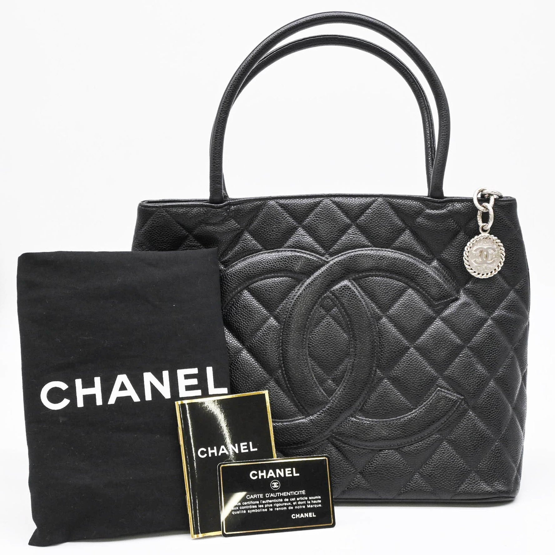CHANEL Caviar Skin Reproduction Tote Bag Handbag with Card and Coco Mark Seal