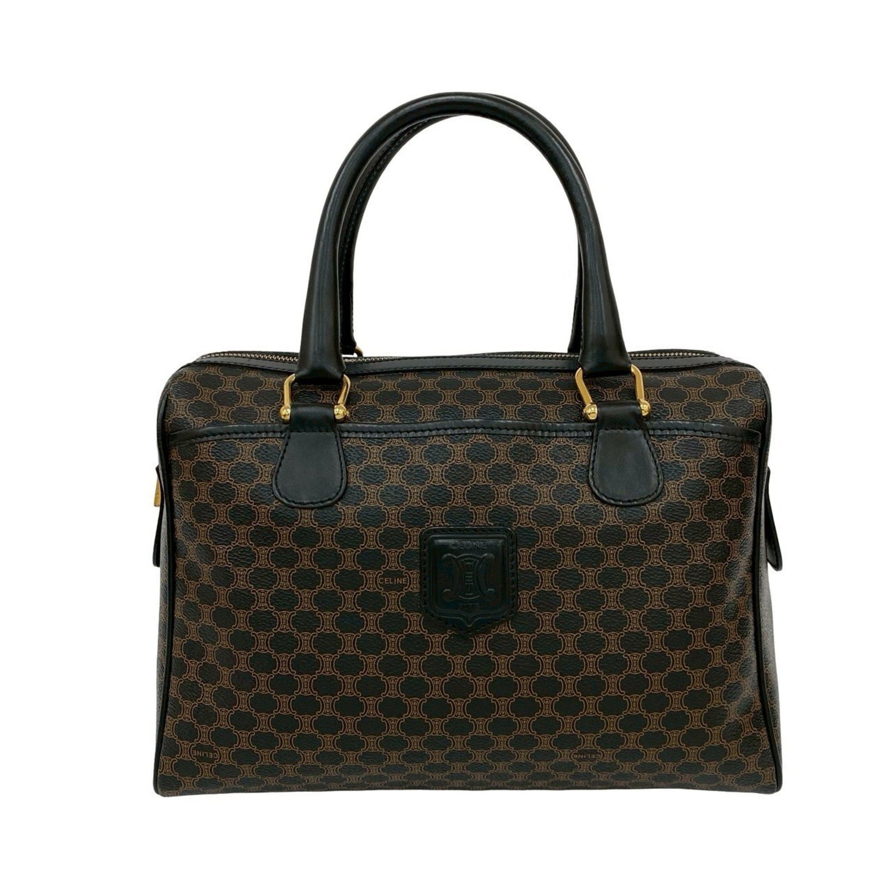 CELINE Vintage Macadam Blason Logo Print Leather Handbag/Mini Boston Bag, Black