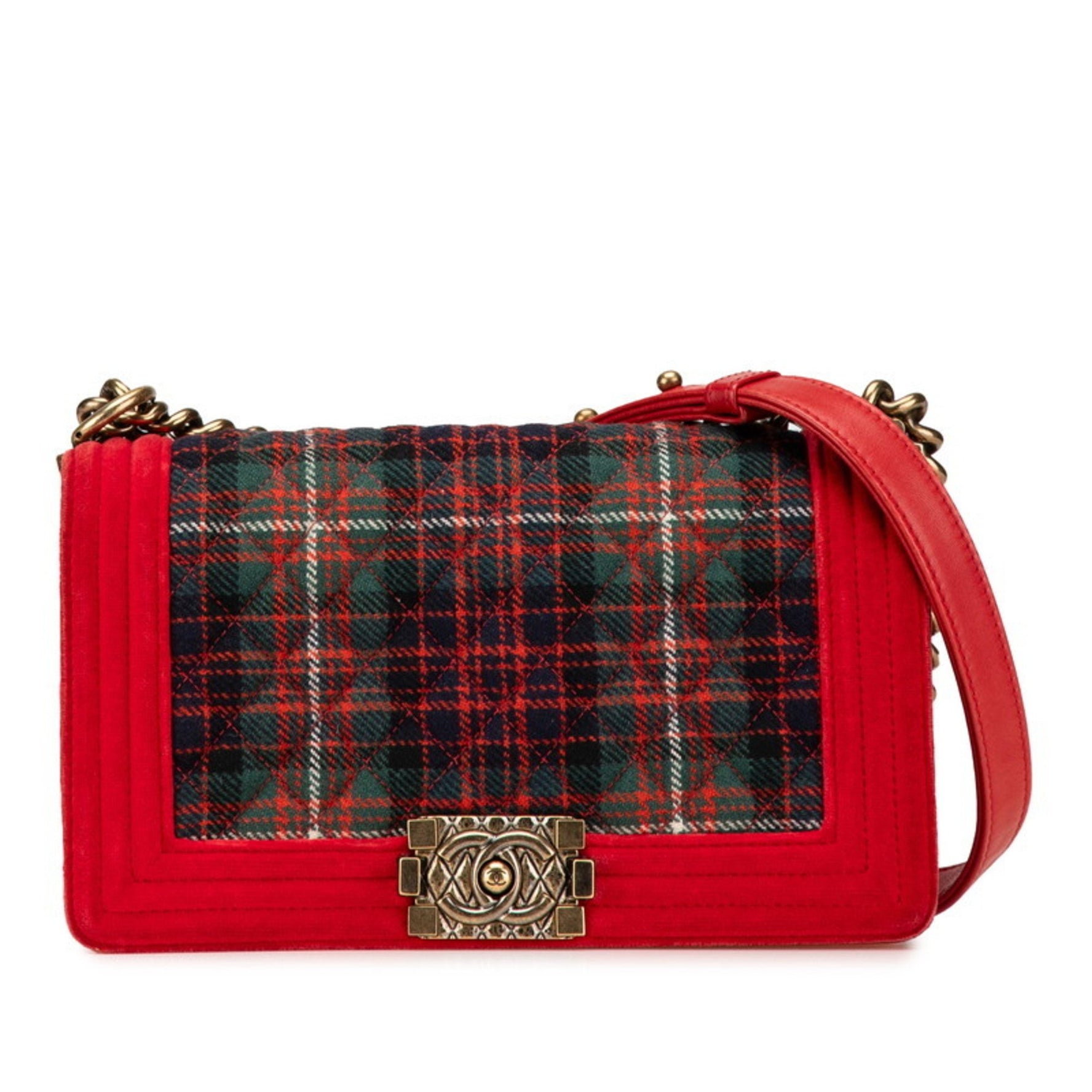 Chanel Matelasse Boy Coco Mark Chain Shoulder Bag Red Green Velour Leather