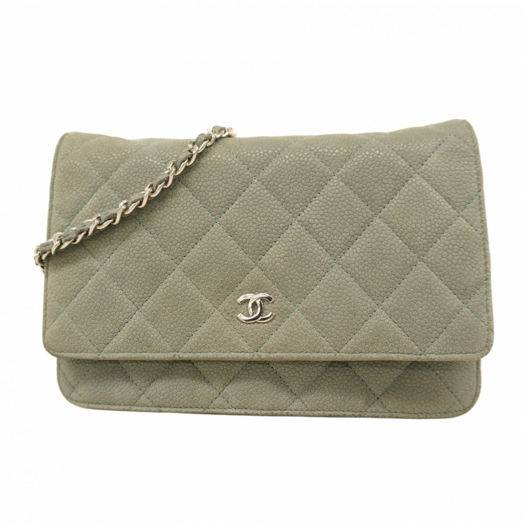 Chanel Matelasse Shoulder Wallet with Chain Bag in Caviar Leather, Gray-Green