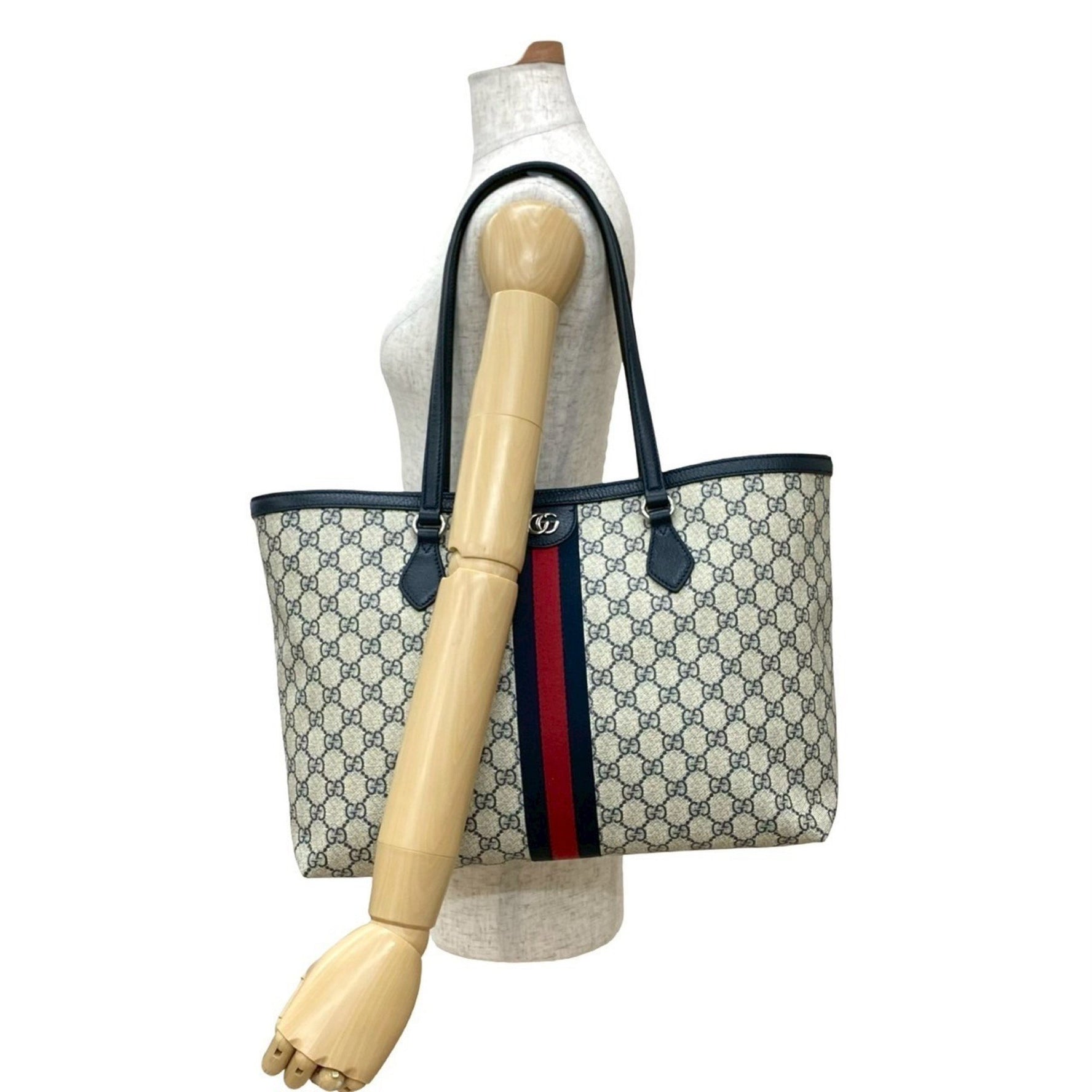 GUCCI Ophidia GG logo hardware leather tote bag, handbag, semi-shoulder navy