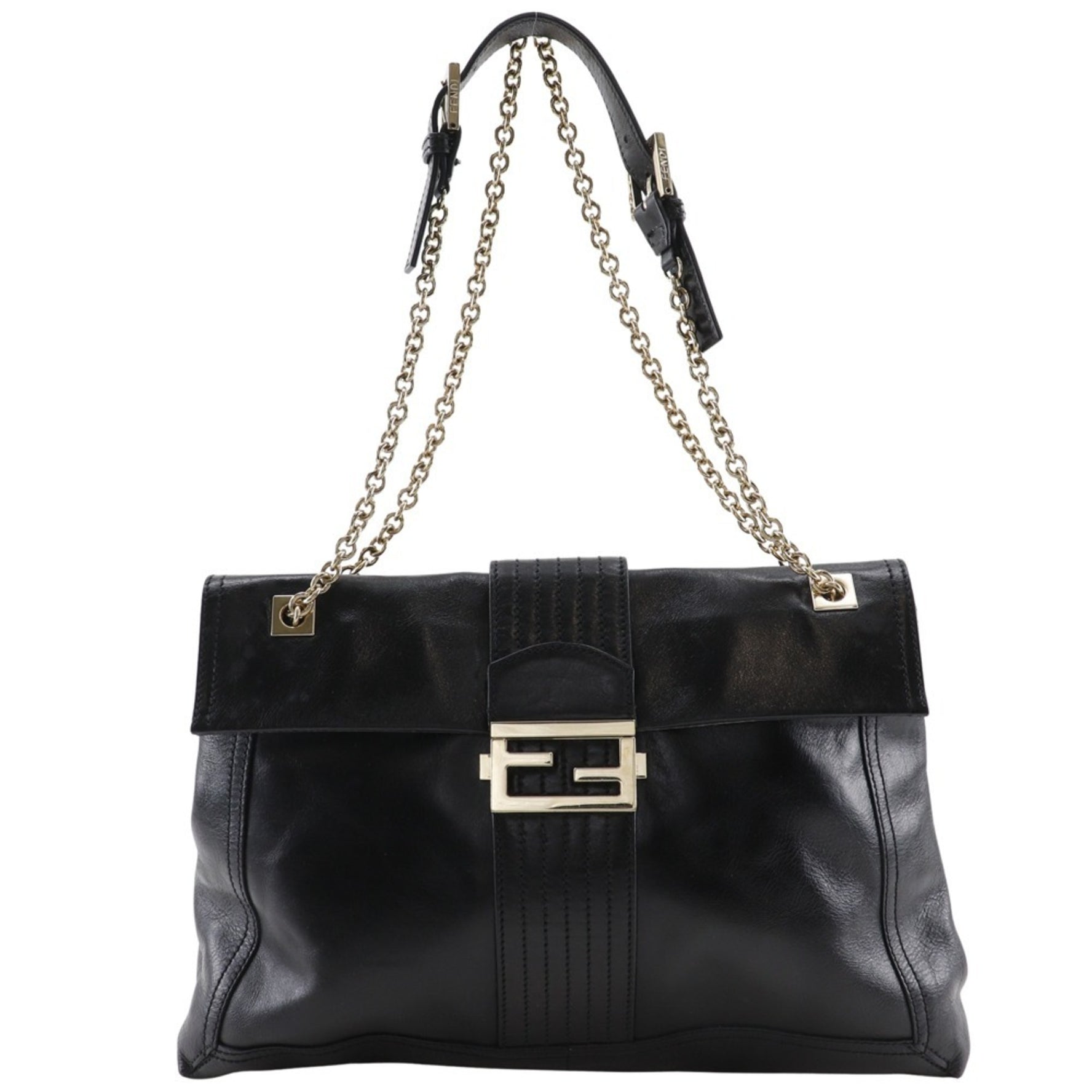 FENDI Chain Tote Bag Shoulder Leather Black 2way Flap Women's
