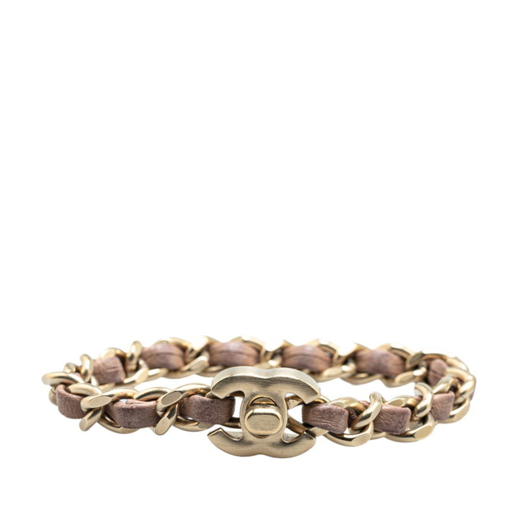 Chanel Coco Mark Turnlock Motif Chain Bracelet in Gold and Plated Leather