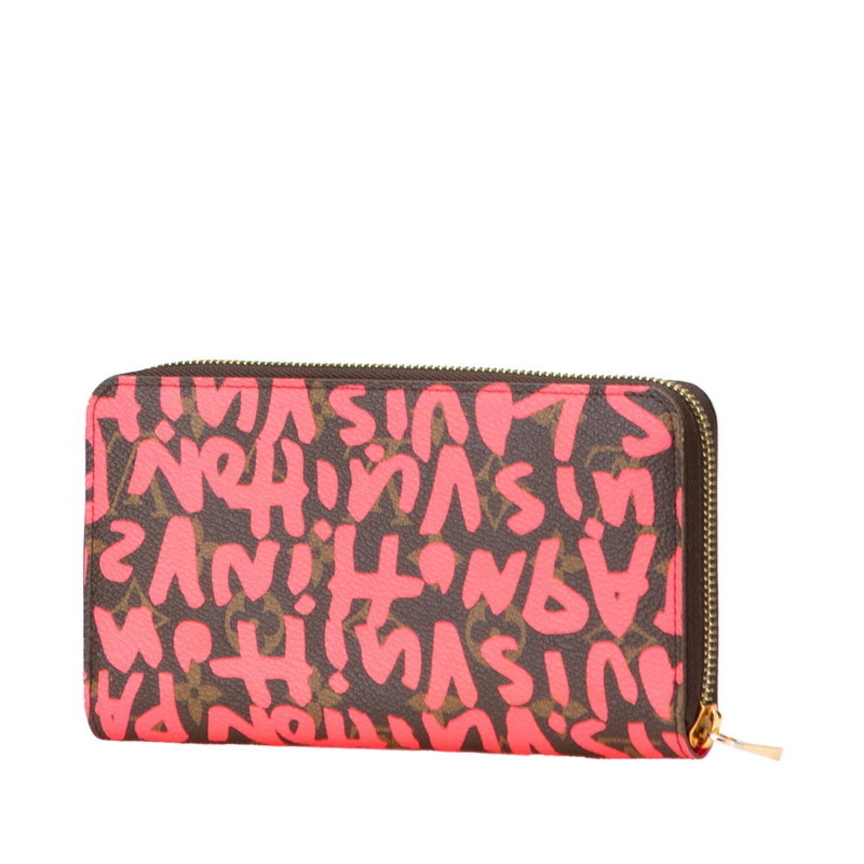 Louis Vuitton Monogram Graffiti Zippy Wallet, Round Zipper Long Wallet Brown Fuchsia Leather, LOUIS VUITTON