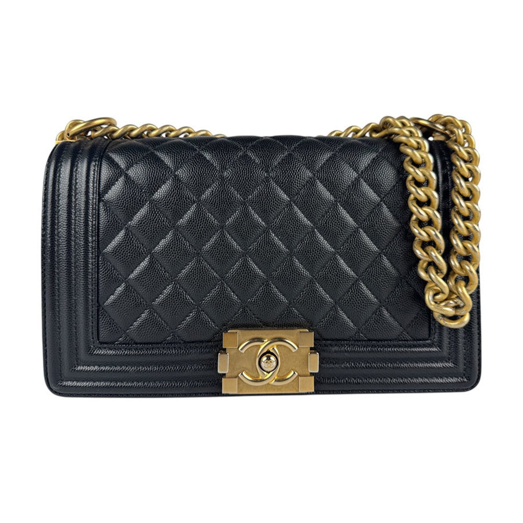 CHANEL Boy Chanel Shoulder Bag, Leather, Black and Gold, Women's, Z6512