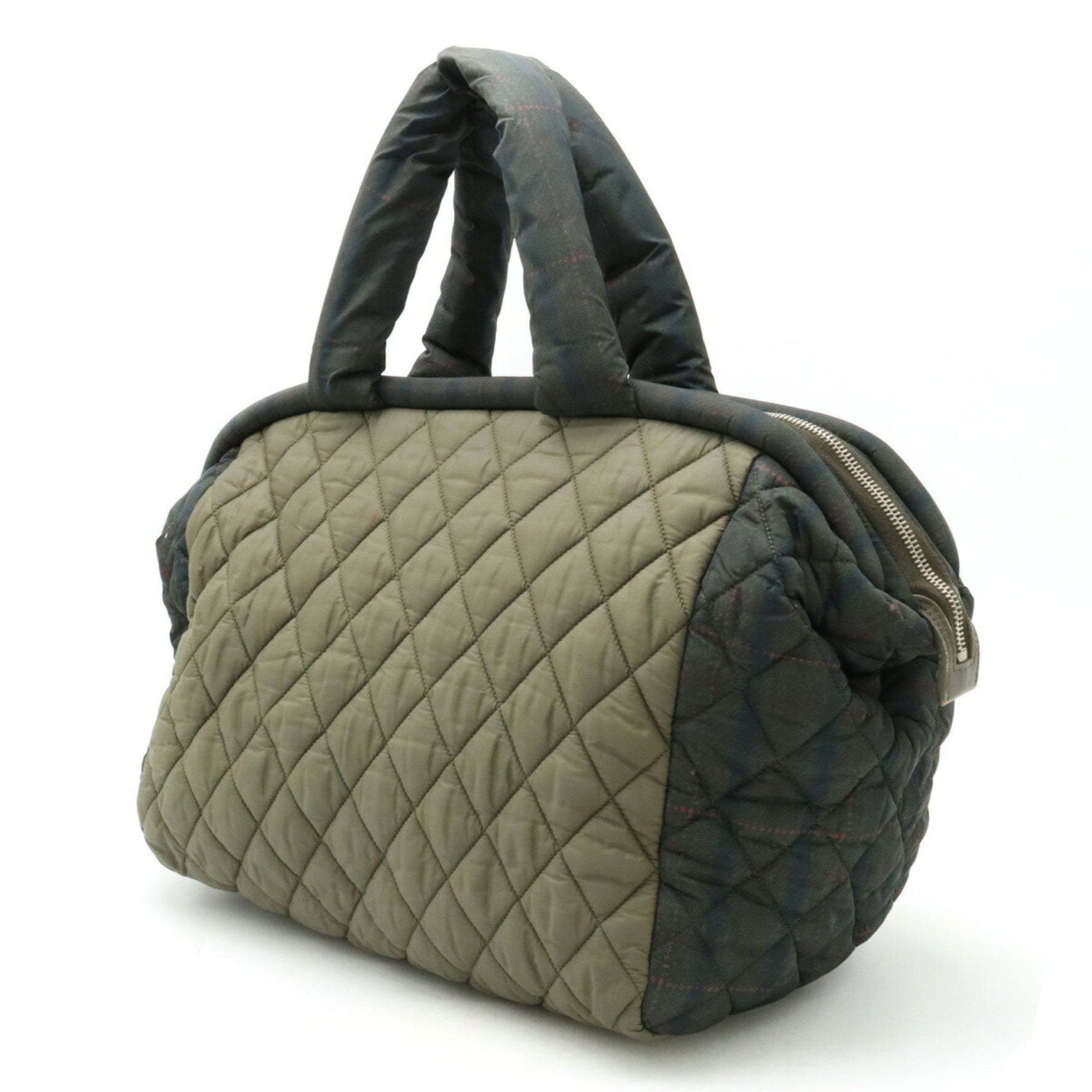 CHANEL Cococoon Quilted Tote Bag Handbag Boston Nylon Leather Checkered Khaki 7205