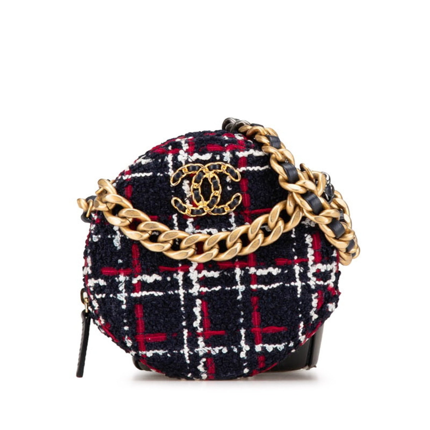 CHANEL 19 Round Crossbody Chain Shoulder Bag Navy Red Tweed Leather