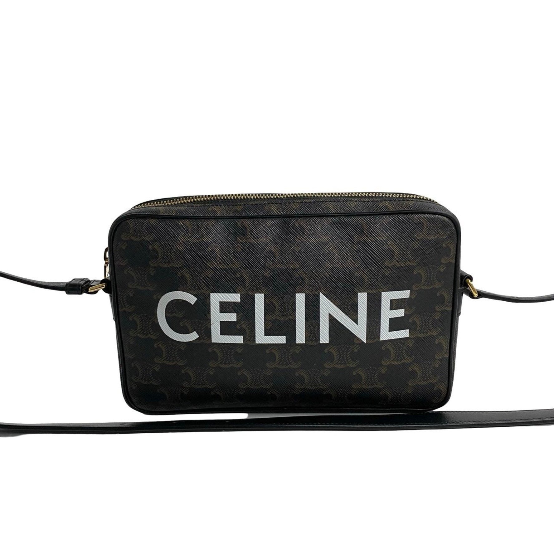 CELINE Triomphe Messenger Medium Leather Mini Shoulder Bag Pochette Black