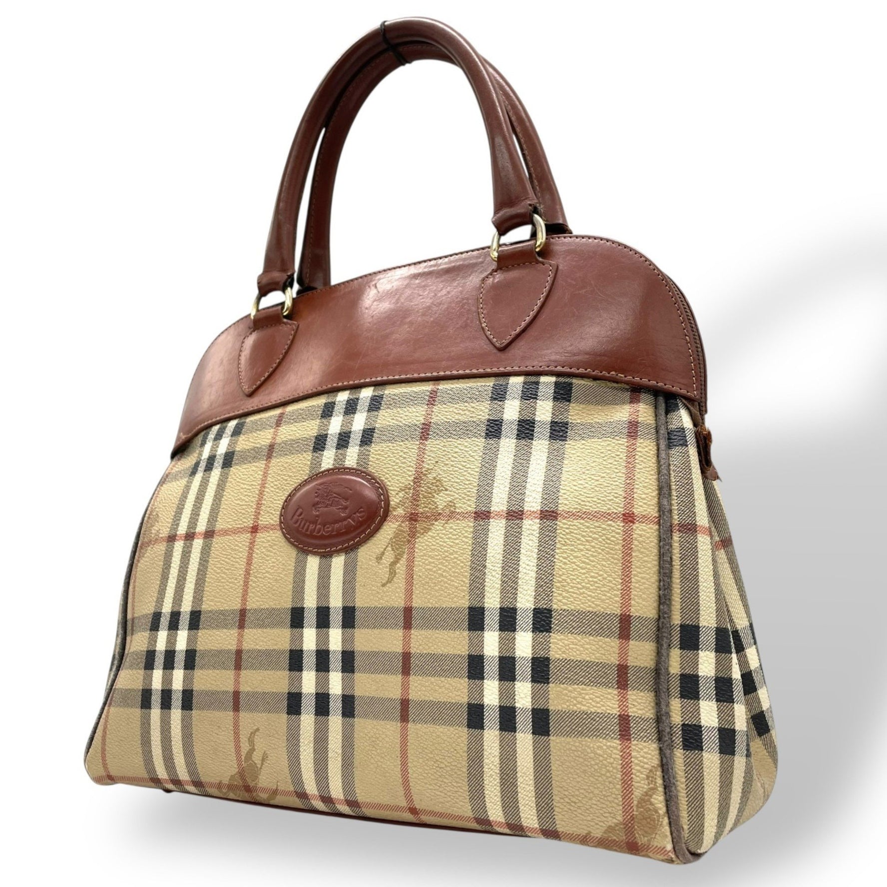 BURBERRY Nova Check Shadow Horse Handbag in Brown and Beige Leather with Gold Hardware