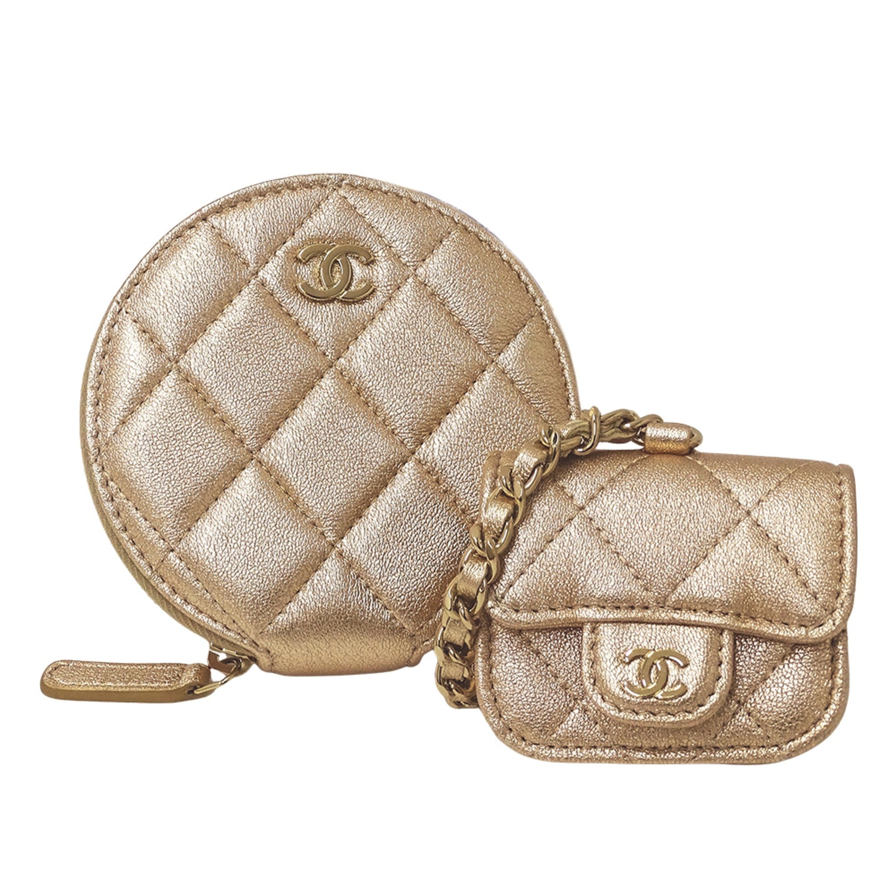 CHANEL Matelasse Wallet, Brand Name Coin Case, AirPods Pouch, Leather, Champagne Gold, Novelty