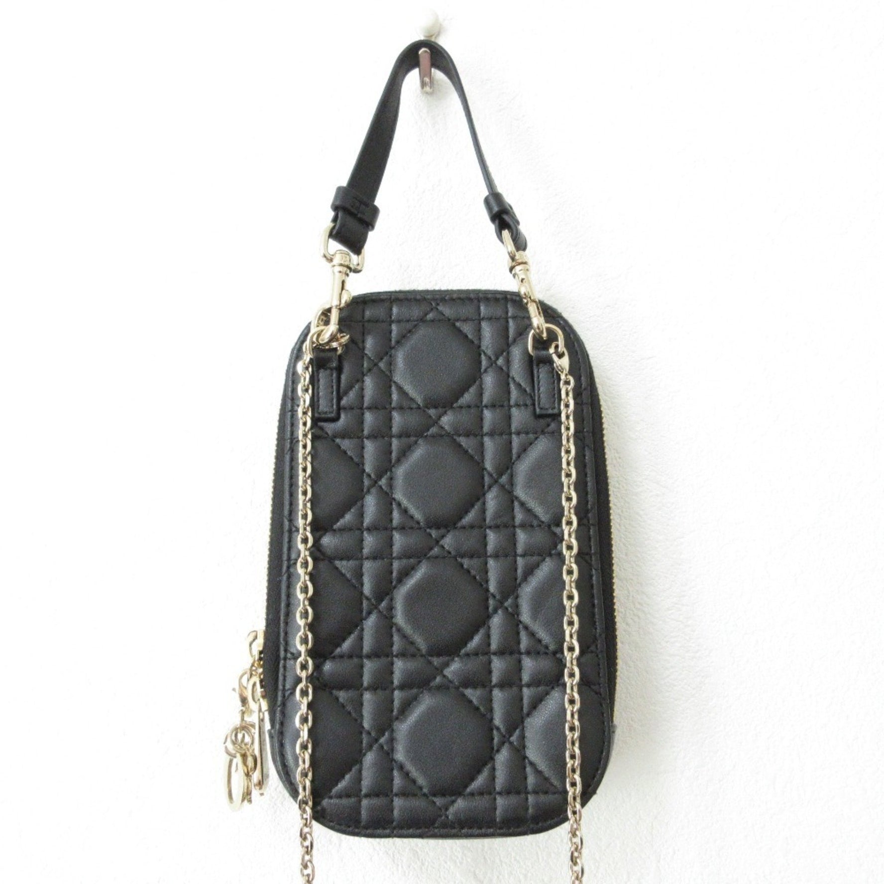 Christian Dior Lady Cannage Phone Pouch Chain Shoulder Black Women's
