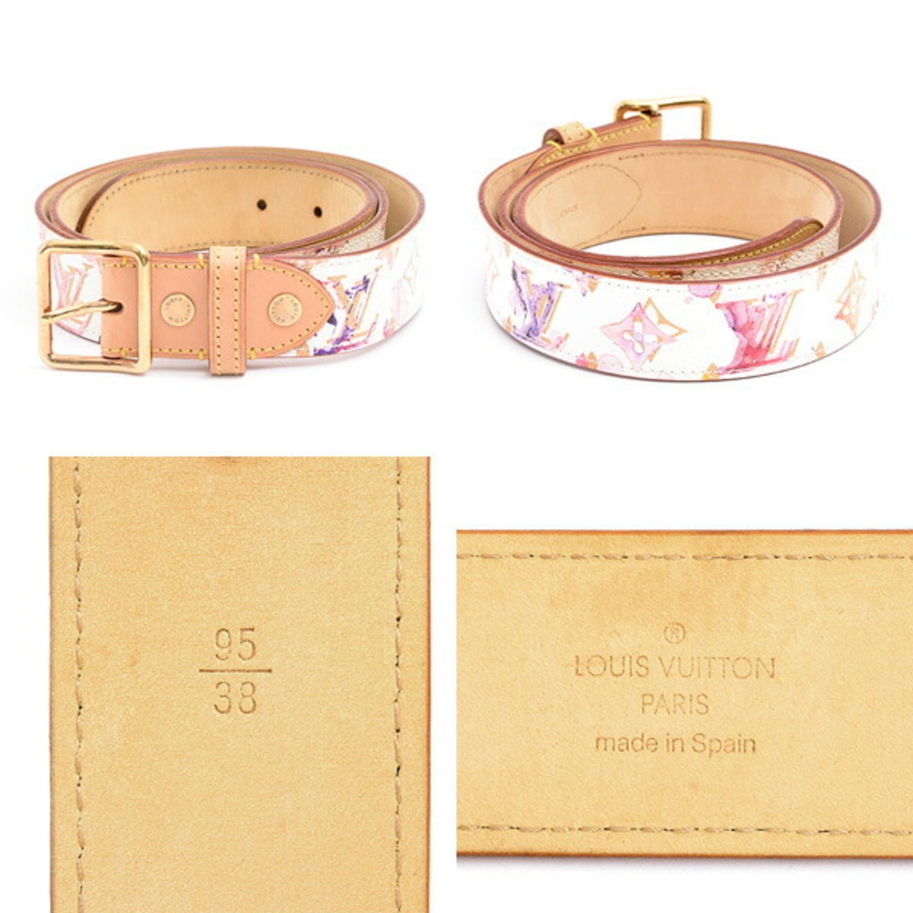 Louis Vuitton Belt Monogram Watercolor Santur, Size 95, 38, Blanc